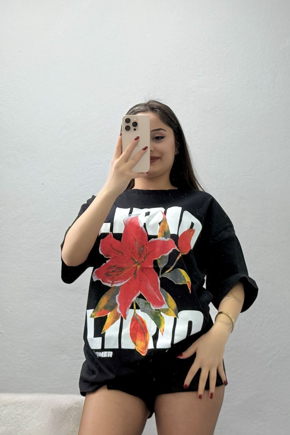 Baskılı Kompakt Penye Tişört Siyahkırmızı - 55044.1872.