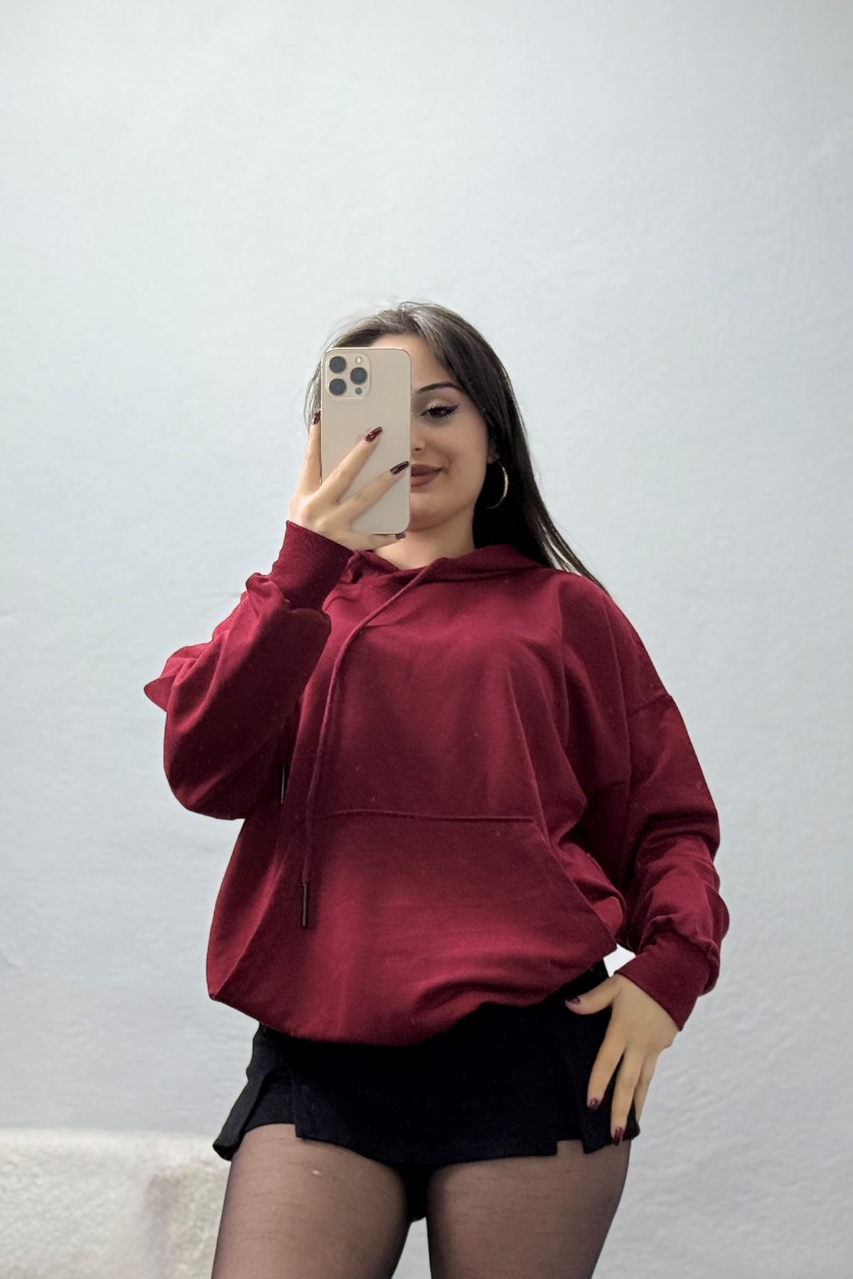 2 İplik Kapşonlu Kanguru Cepli Sweat Bordo - 30090.1878.