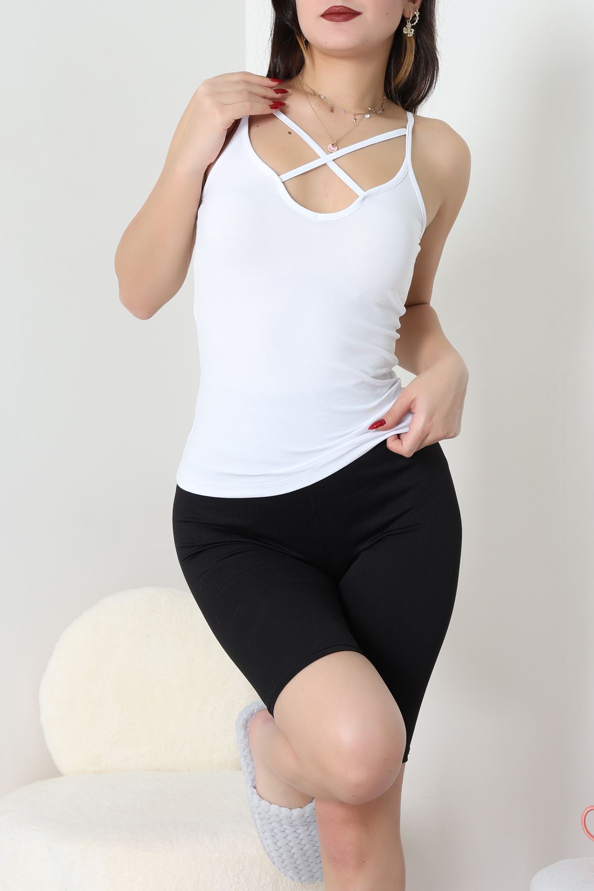 Likralı Arkası Ve Önü Biyeli İp Askılı Atlet Siyahbeyazlaci - 39093.200.