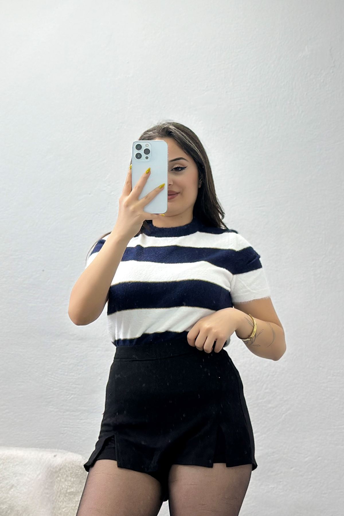 Çizgili Kısa Kollu Triko Lacivert - 2304.1765.