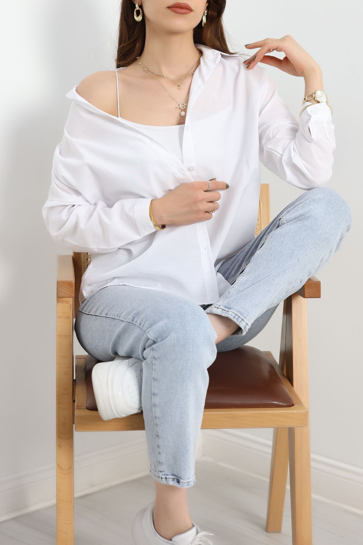 Terikoton Oversize Gömlek Beyaz - 30840.1949.