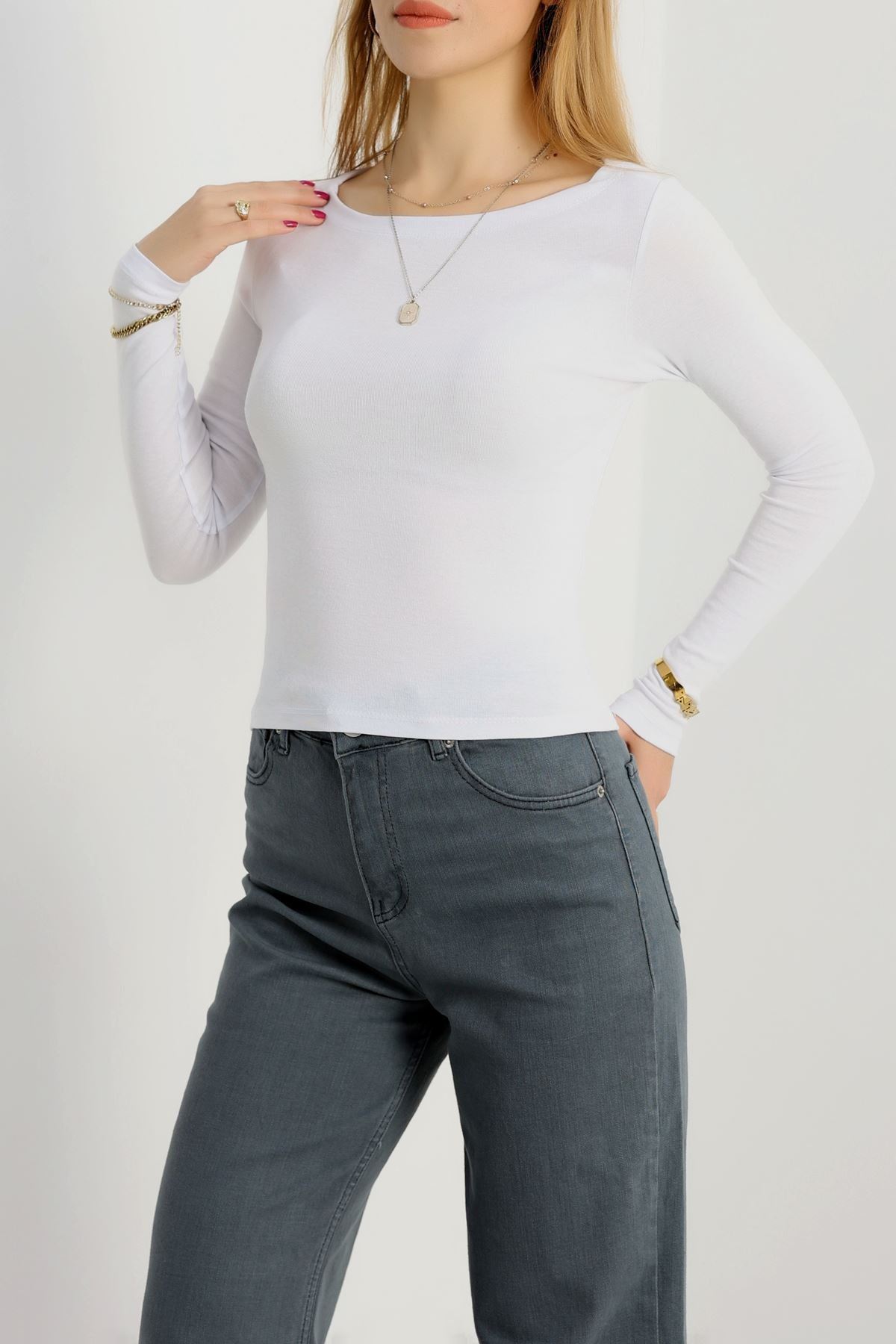 Kayık Yaka Ribana Basic Body Beyaz - 21897.200.