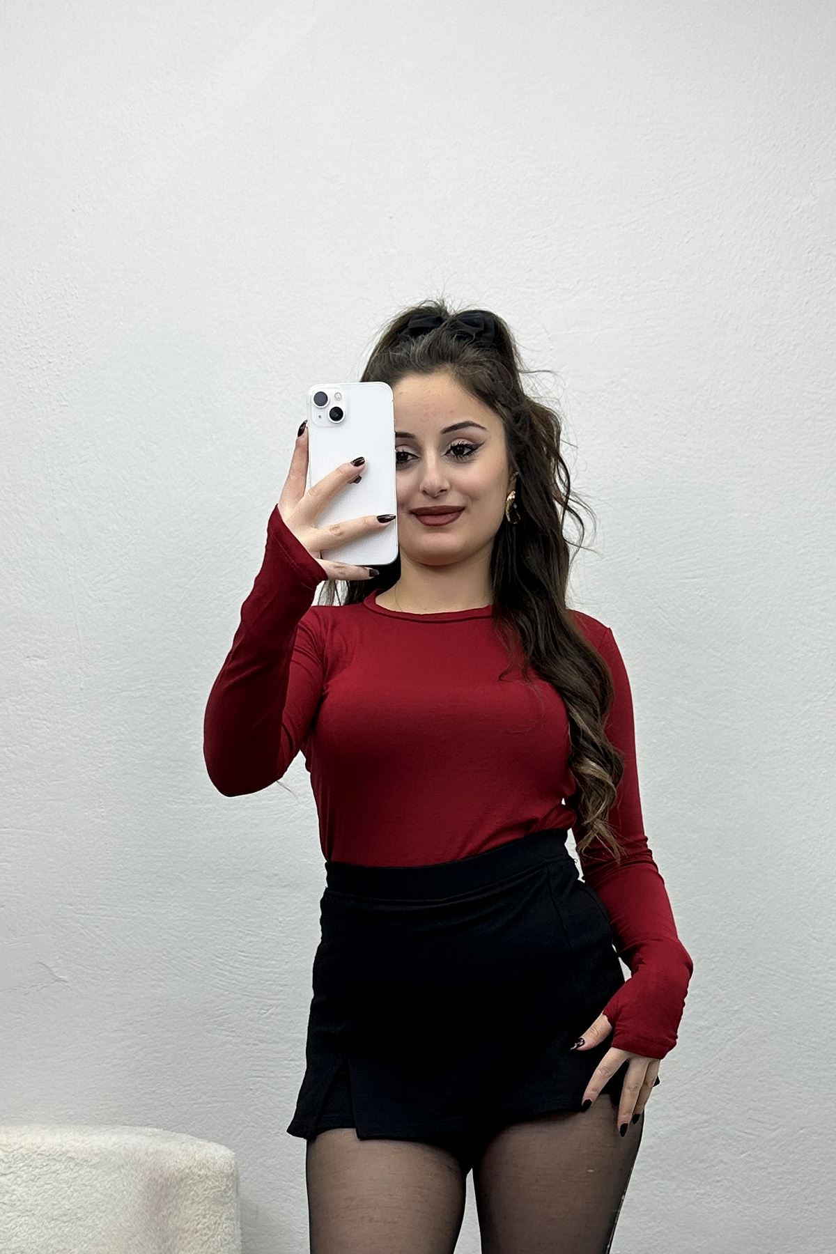 Bisiklet Yaka Parmak Geçmeli Viskon Body Bordo - 40075.599.