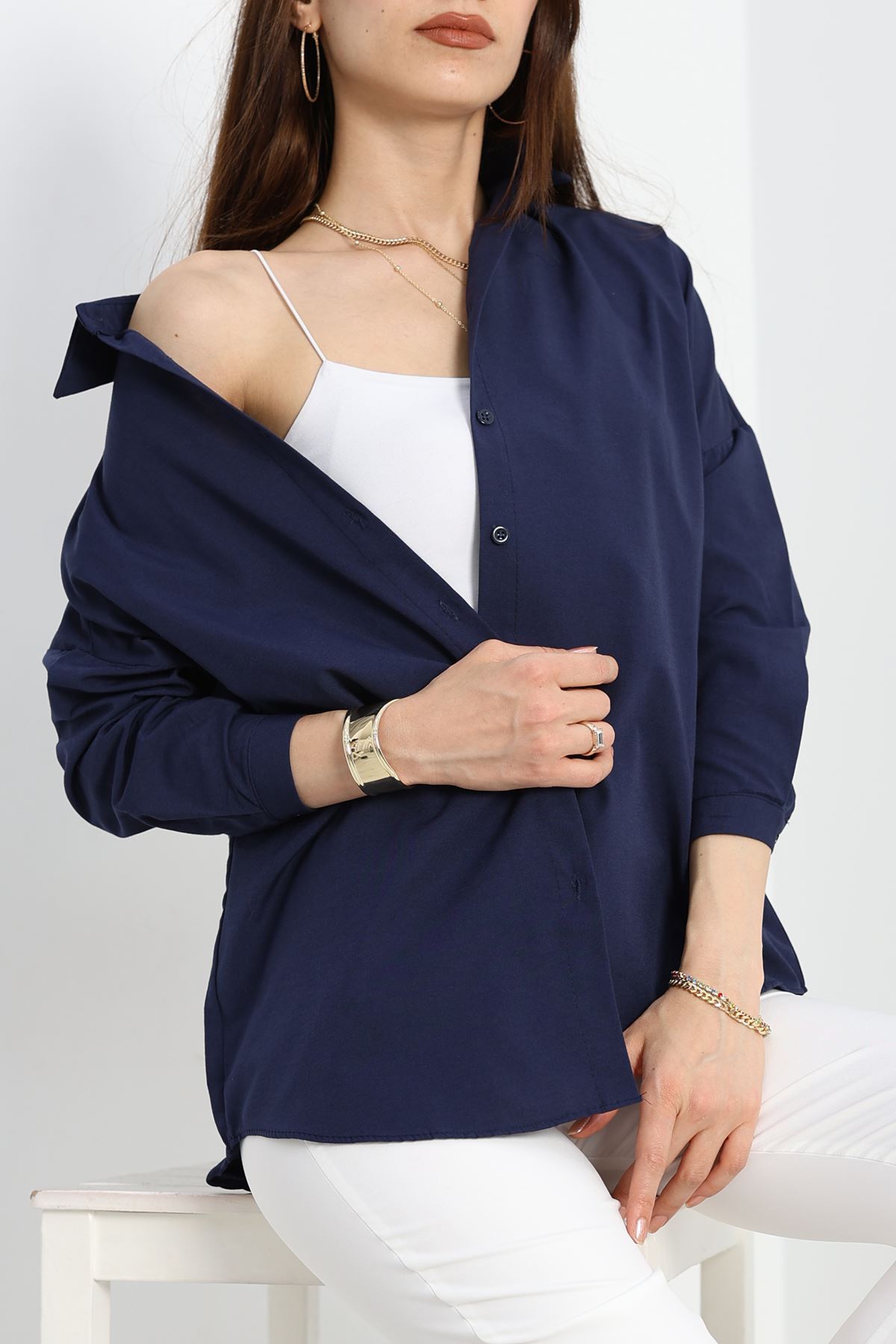 Terikoton Oversize Gömlek Lacivert - 30840.1949.