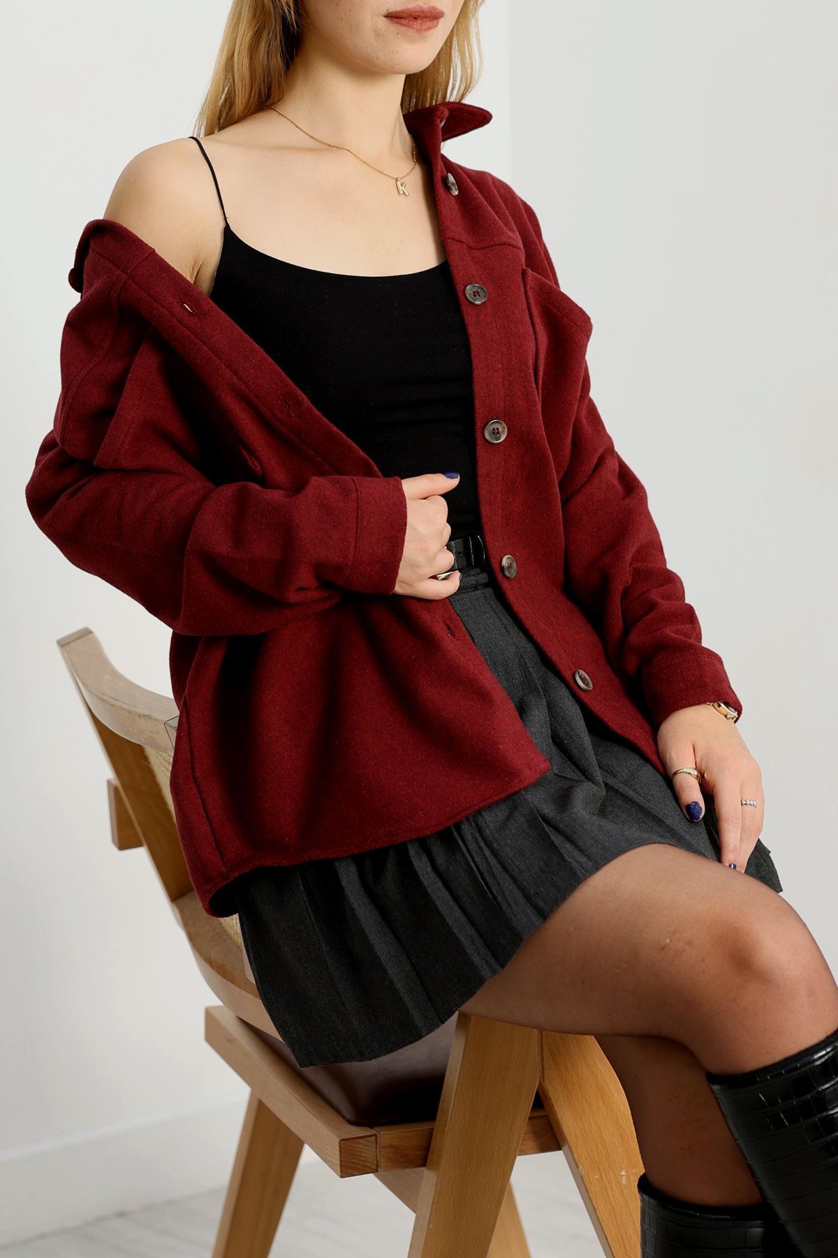 Çift Cep Kaşe Gömlek Bordo - 20258.1775.