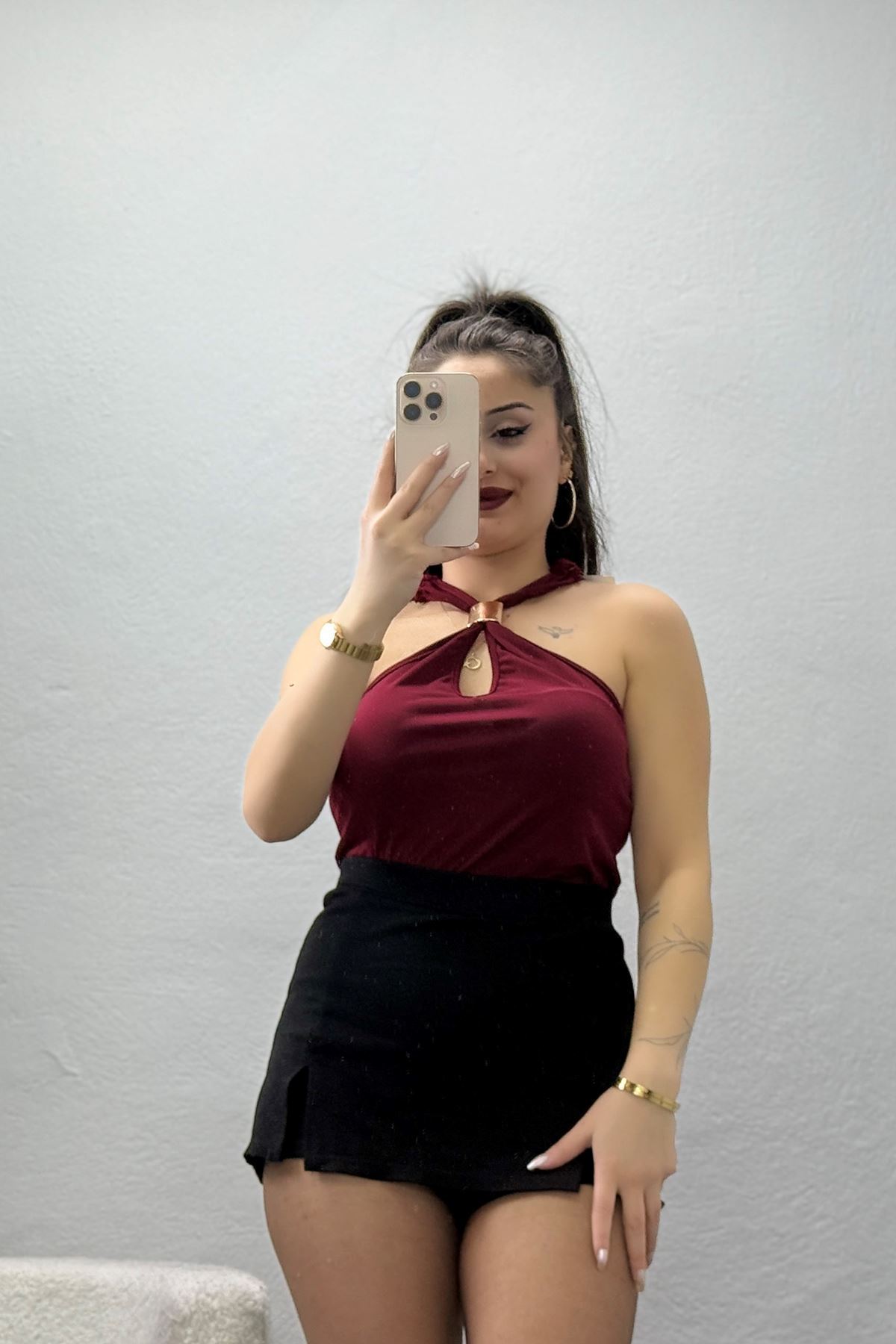 Sandy Önü Tokalı Çıtçıtlı Bluz Bordo - 42803.1949.