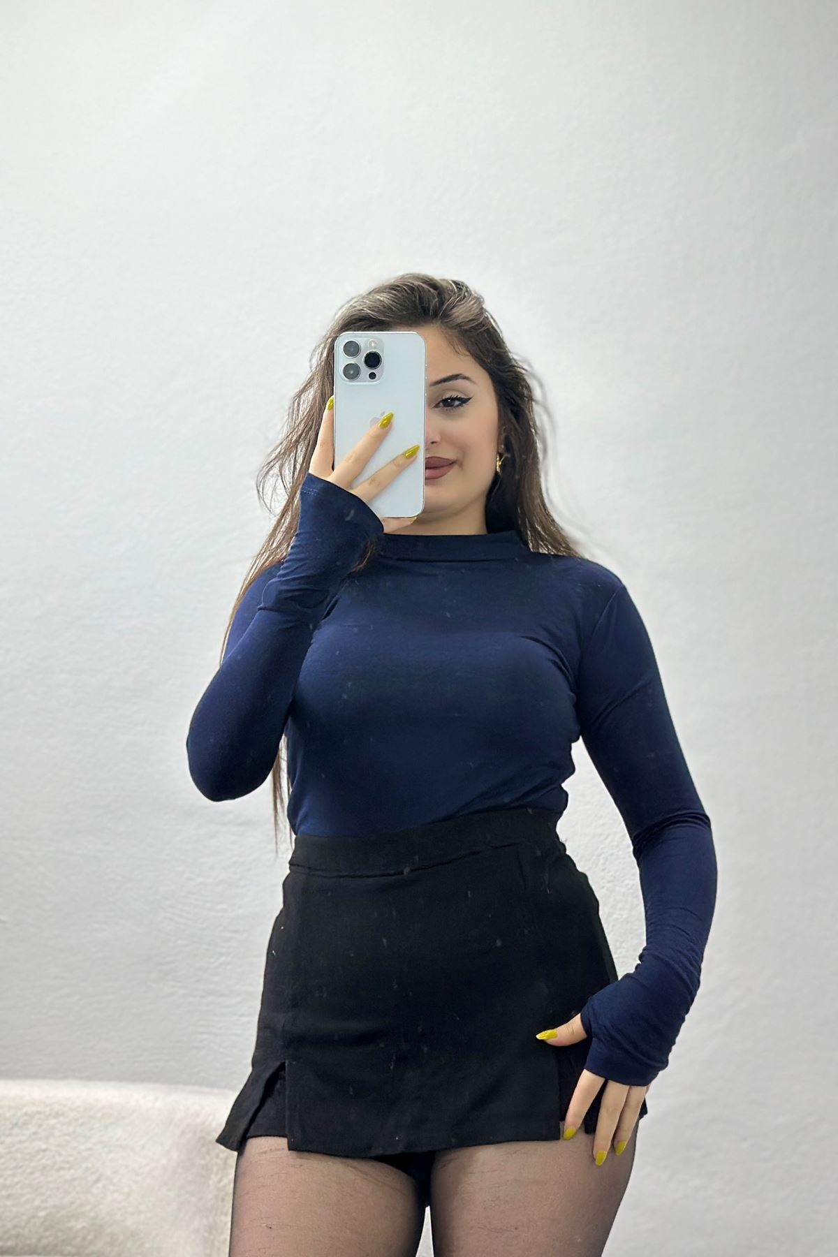 Dik Yaka Parmak Geçmeli Viskon Body Lacivert - 40076.599.