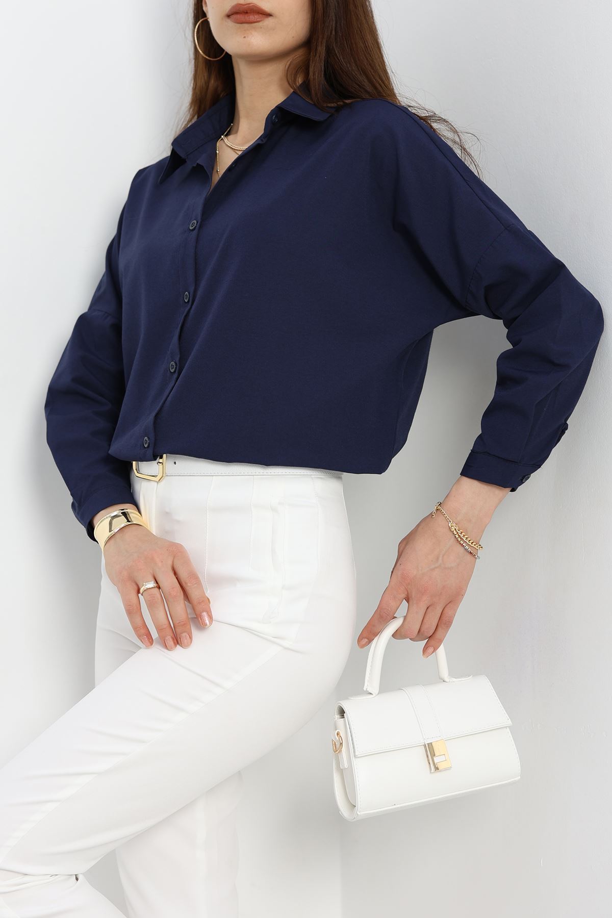 Terikoton Oversize Gömlek Lacivert - 30840.1949.