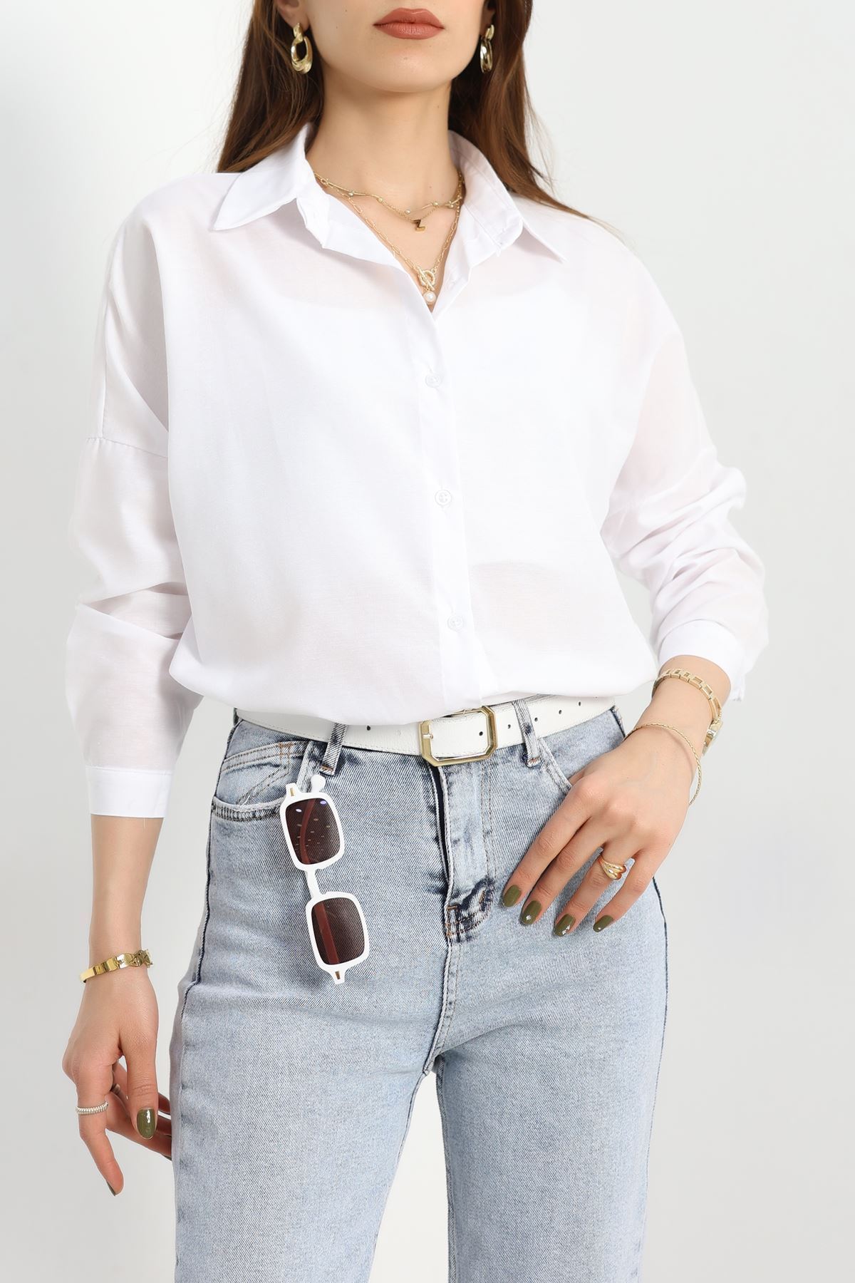 Terikoton Oversize Gömlek Beyaz - 30840.1949.