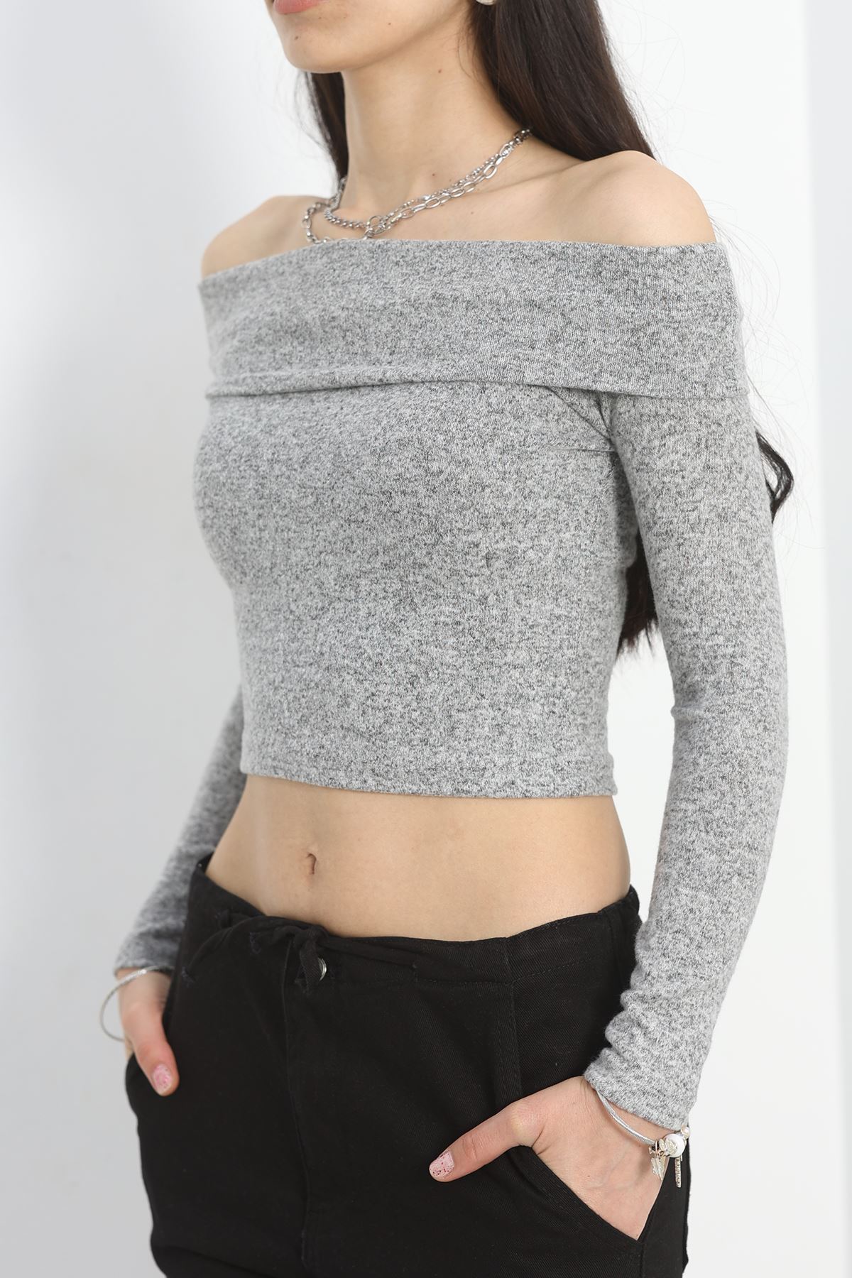 Madonna Yaka Crop Yumoş Body Gri - 50209.1723.