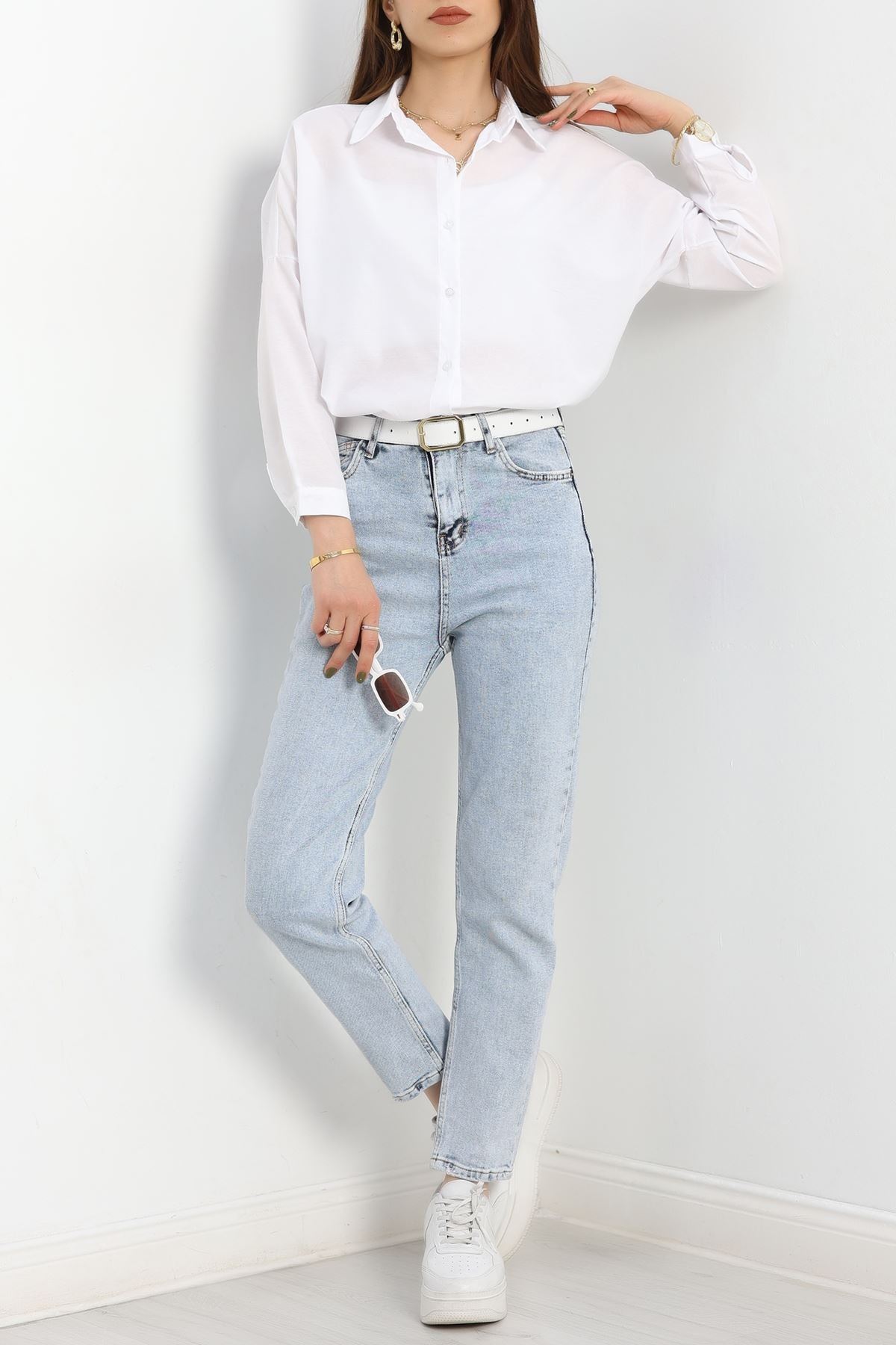 Terikoton Oversize Gömlek Beyaz - 30840.1949.