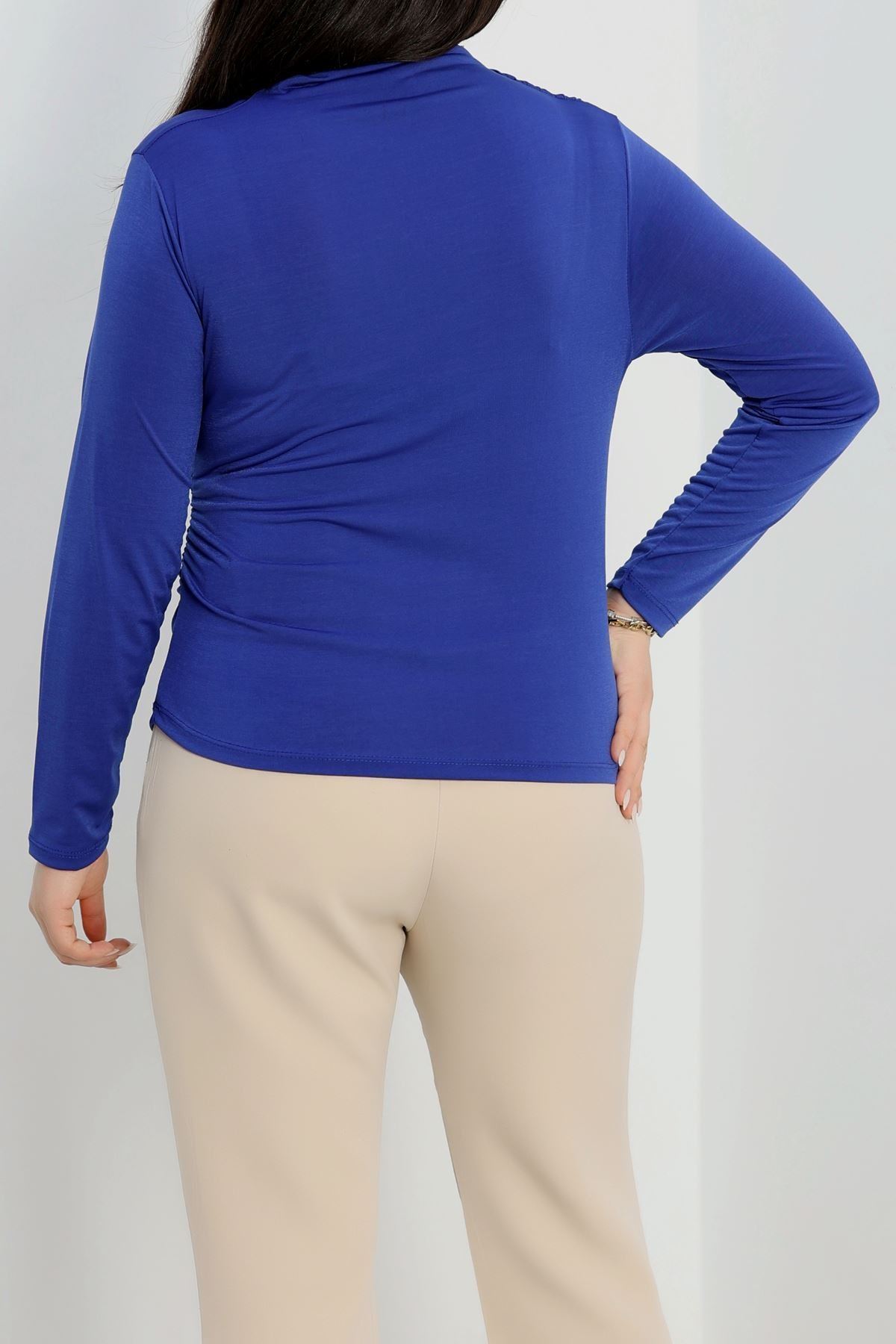 Drape Detaylı Büyük Beden Sandy Bluz Saks - 70768.1949.