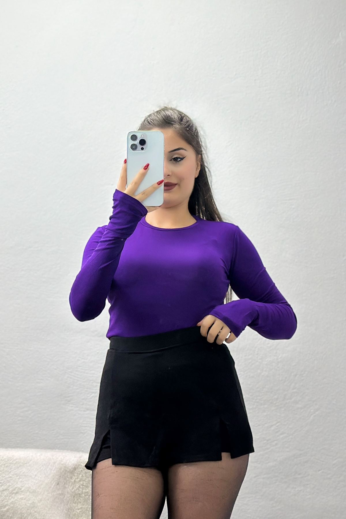 Bisiklet Yaka Parmak Geçmeli Viskon Body Mor - 40075.599.