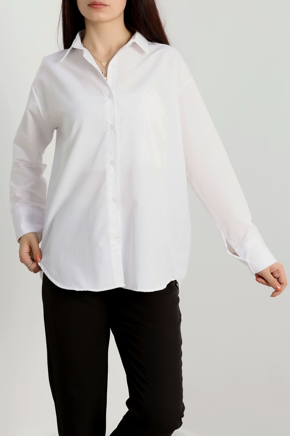 Terikoton Oversize Gömlek Beyaz - 30829.1949.