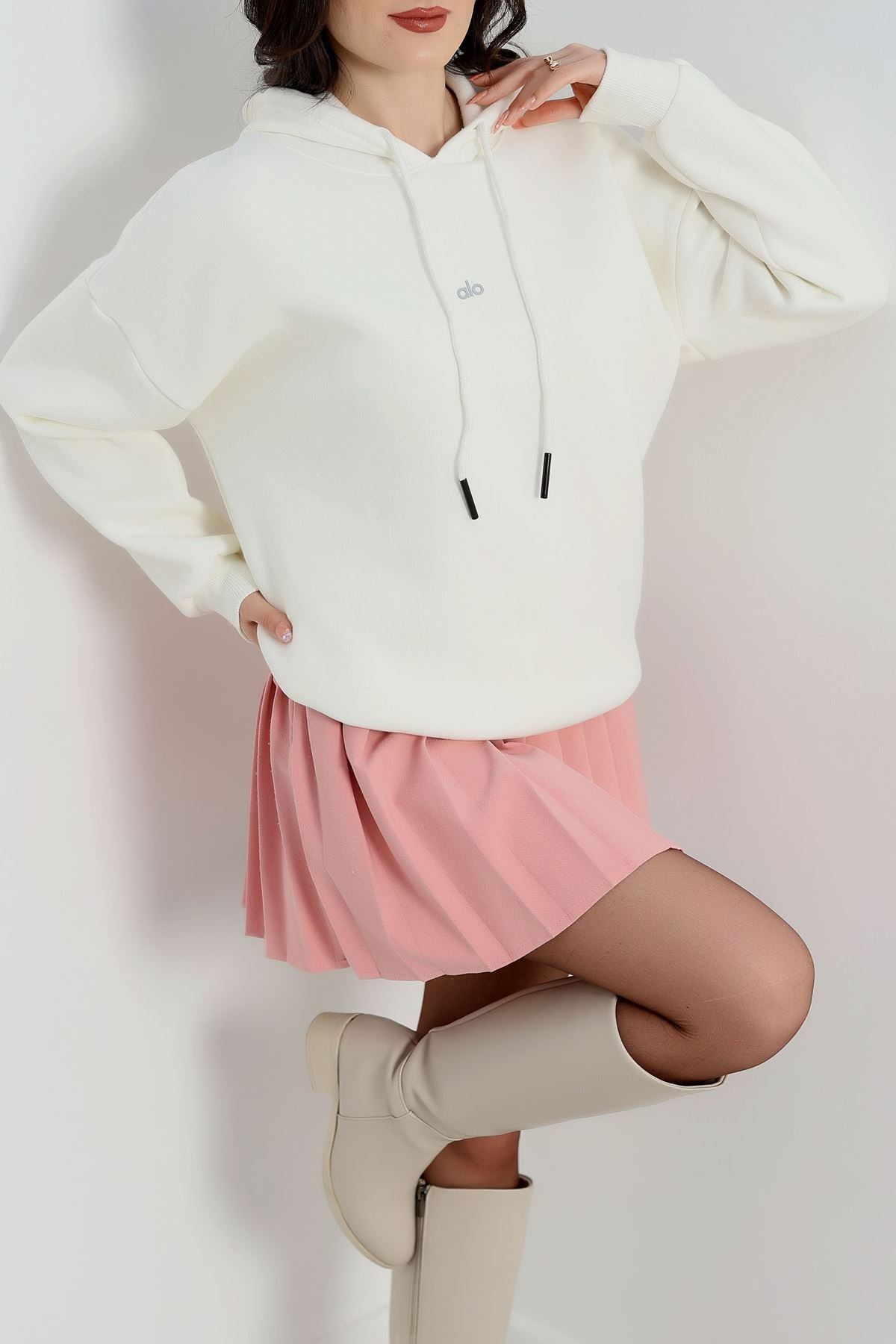 3 İplik Kapşonlu Baskılı Sweat Ekru - 42232.1878.