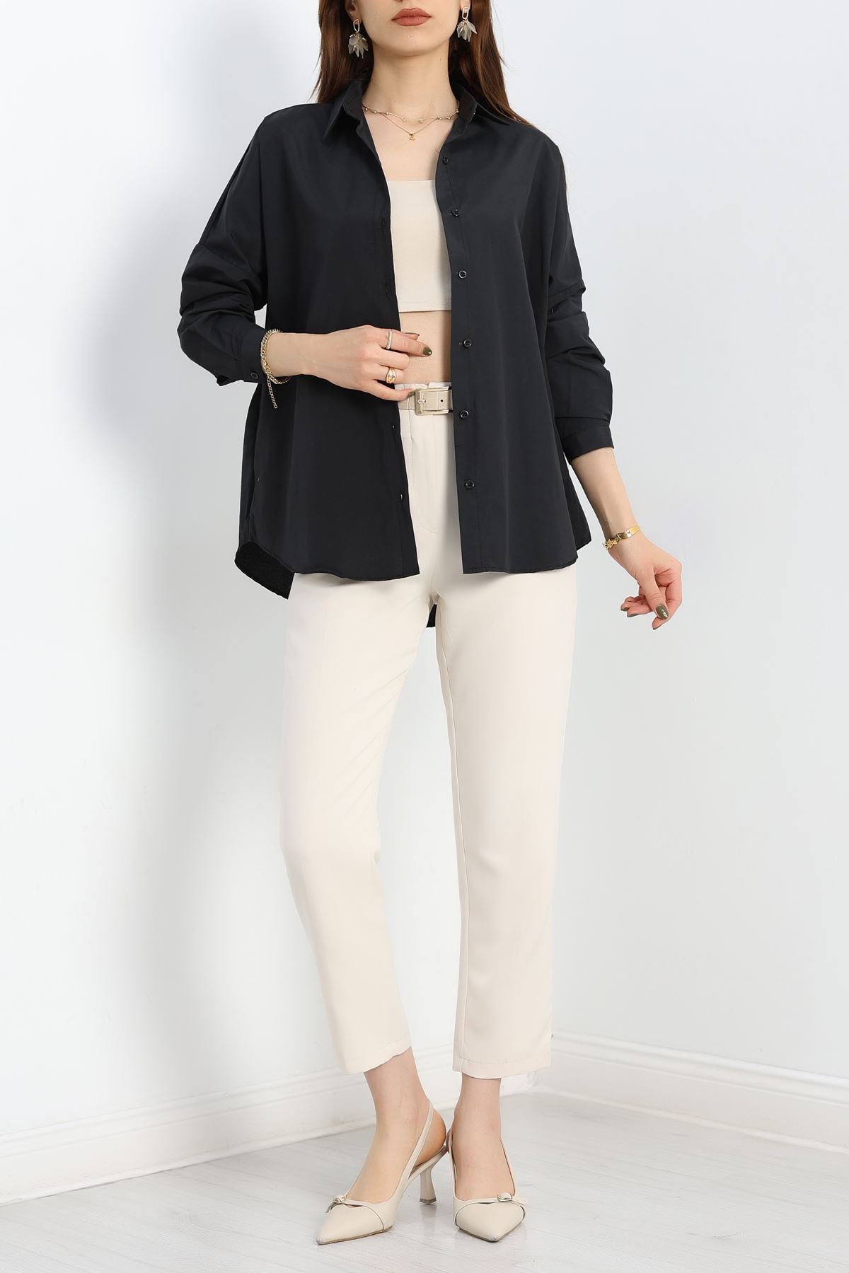 Terikoton Oversize Gömlek Siyah - 30840.1949.