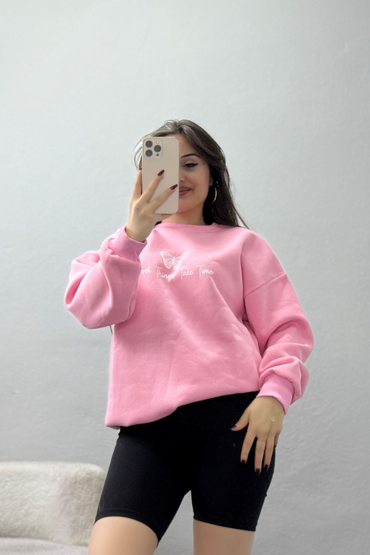 3 İplik Şardonlu Baskılı Sweat Pembeekru - 42611.1878.