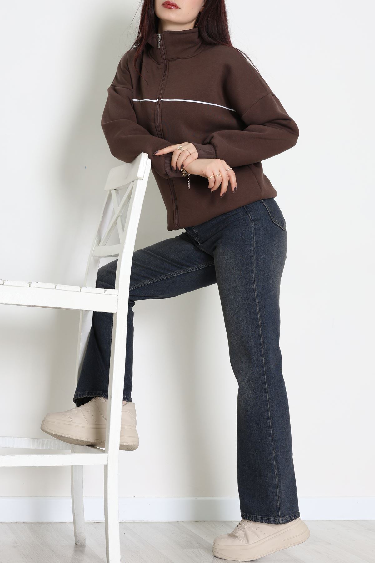 3 İplik Kompakt Oversize Biye Detaylı Sweat Kahve - 42505.1878.