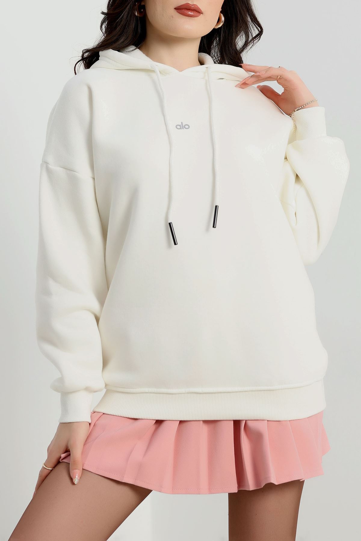 3 İplik Kapşonlu Baskılı Sweat Ekru - 42232.1878.