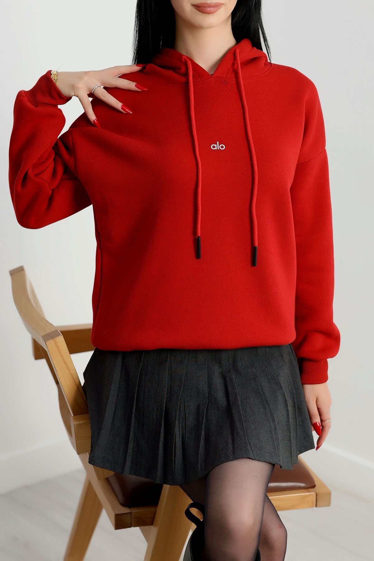 3 İplik Kapşonlu Baskılı Sweat Bordo - 42232.1878.