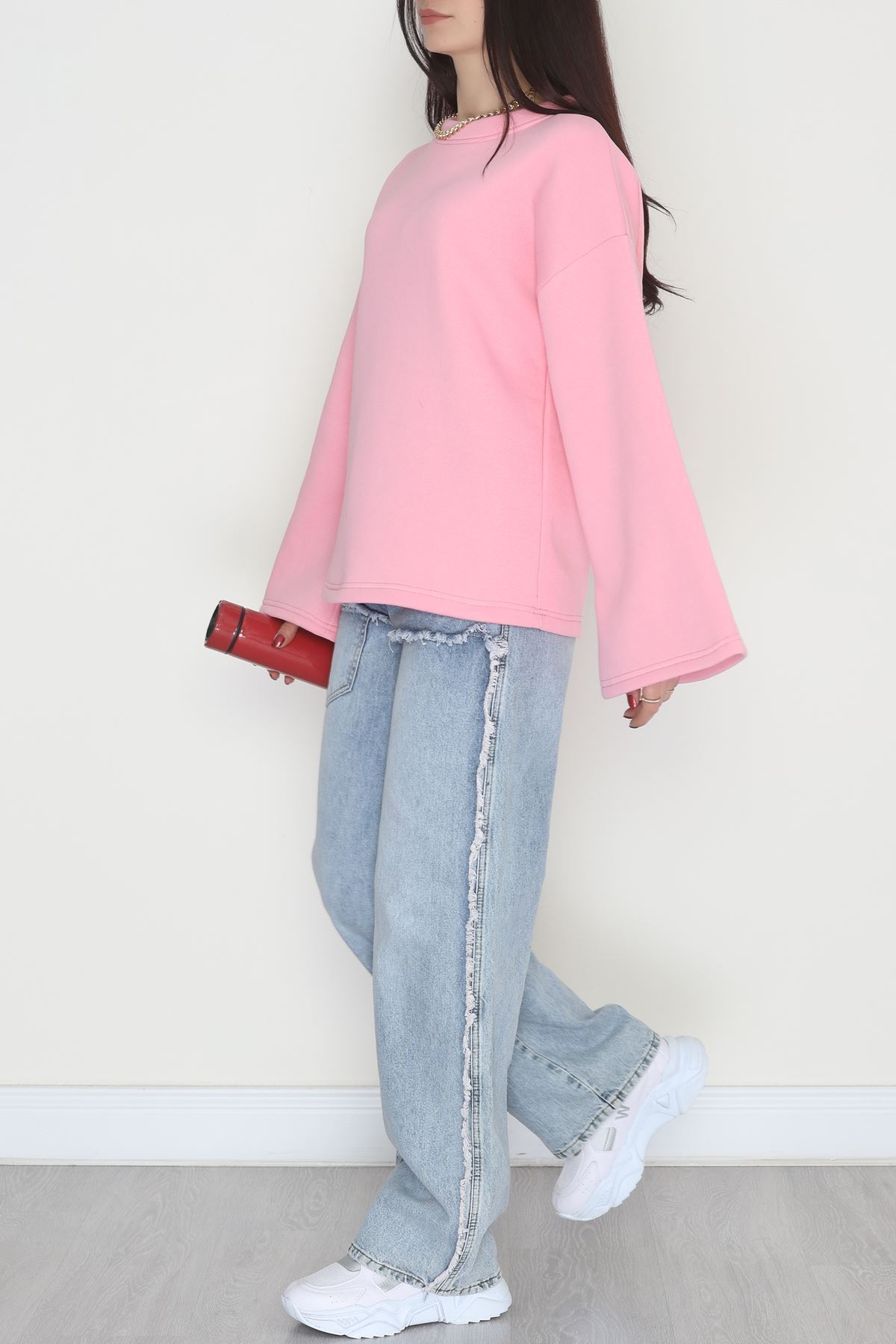 3 İplik Şardonlu İspanyol Kol Sweat Pembe - 42606.1878.