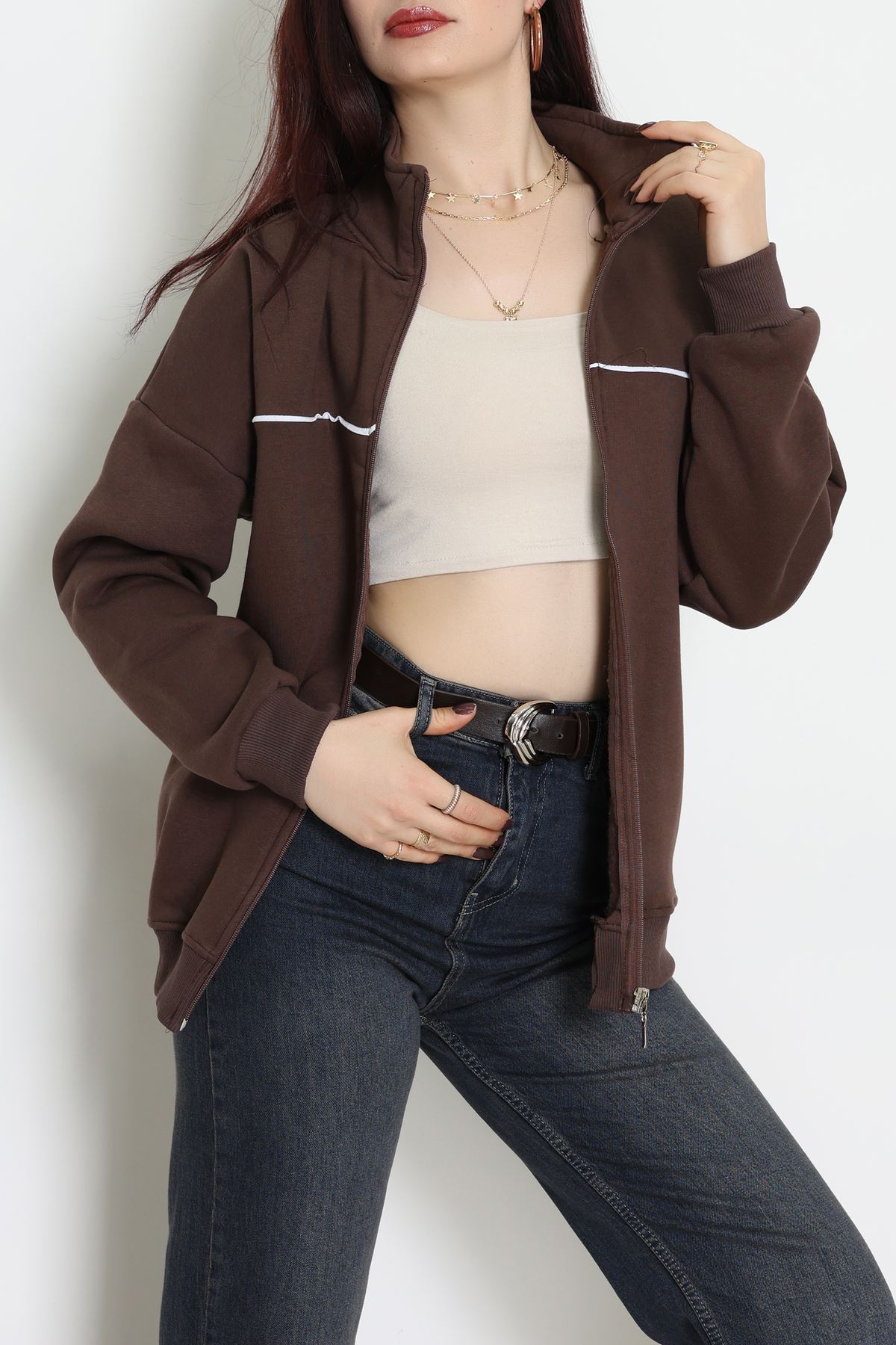 3 İplik Kompakt Oversize Biye Detaylı Sweat Kahve - 42505.1878.