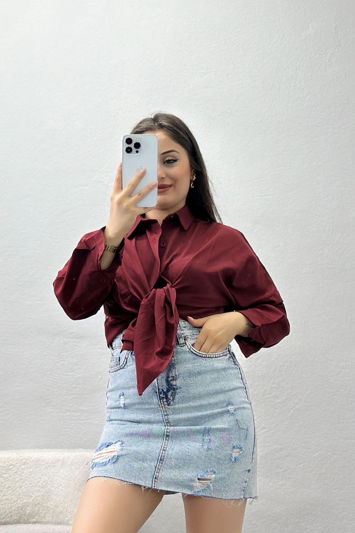 Terikoton Oversize Gömlek Bordo - 30840.1949.