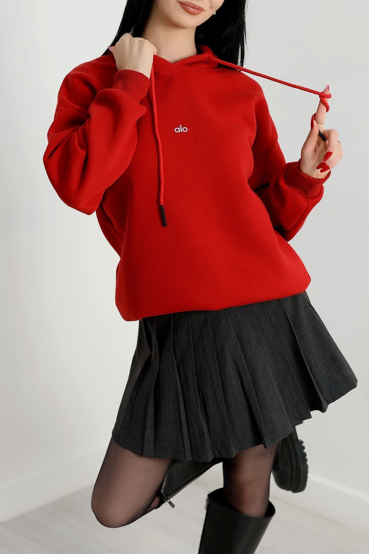 3 İplik Kapşonlu Baskılı Sweat Bordo - 42232.1878.