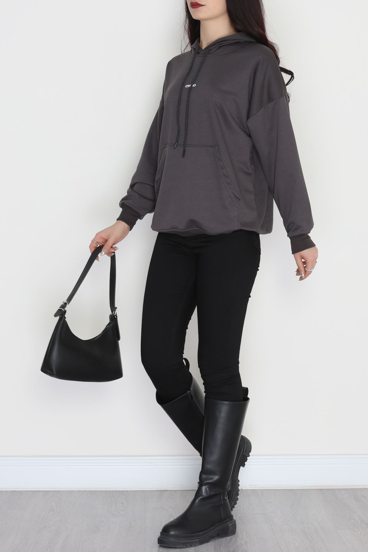 2 İplik Kapşonlu Baskılı Sweatshirt Antrasit - 31316.1878.