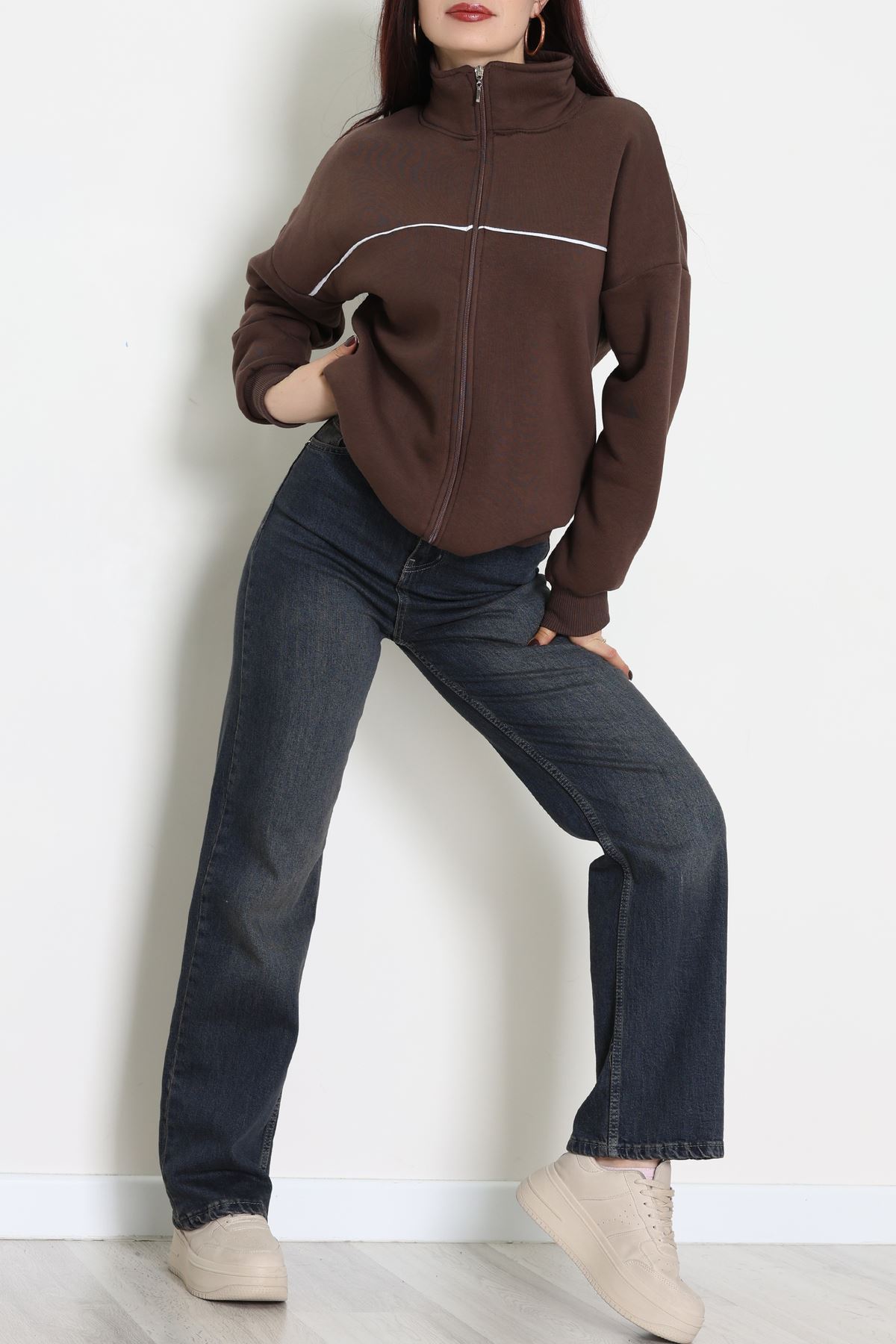 3 İplik Kompakt Oversize Biye Detaylı Sweat Kahve - 42505.1878.