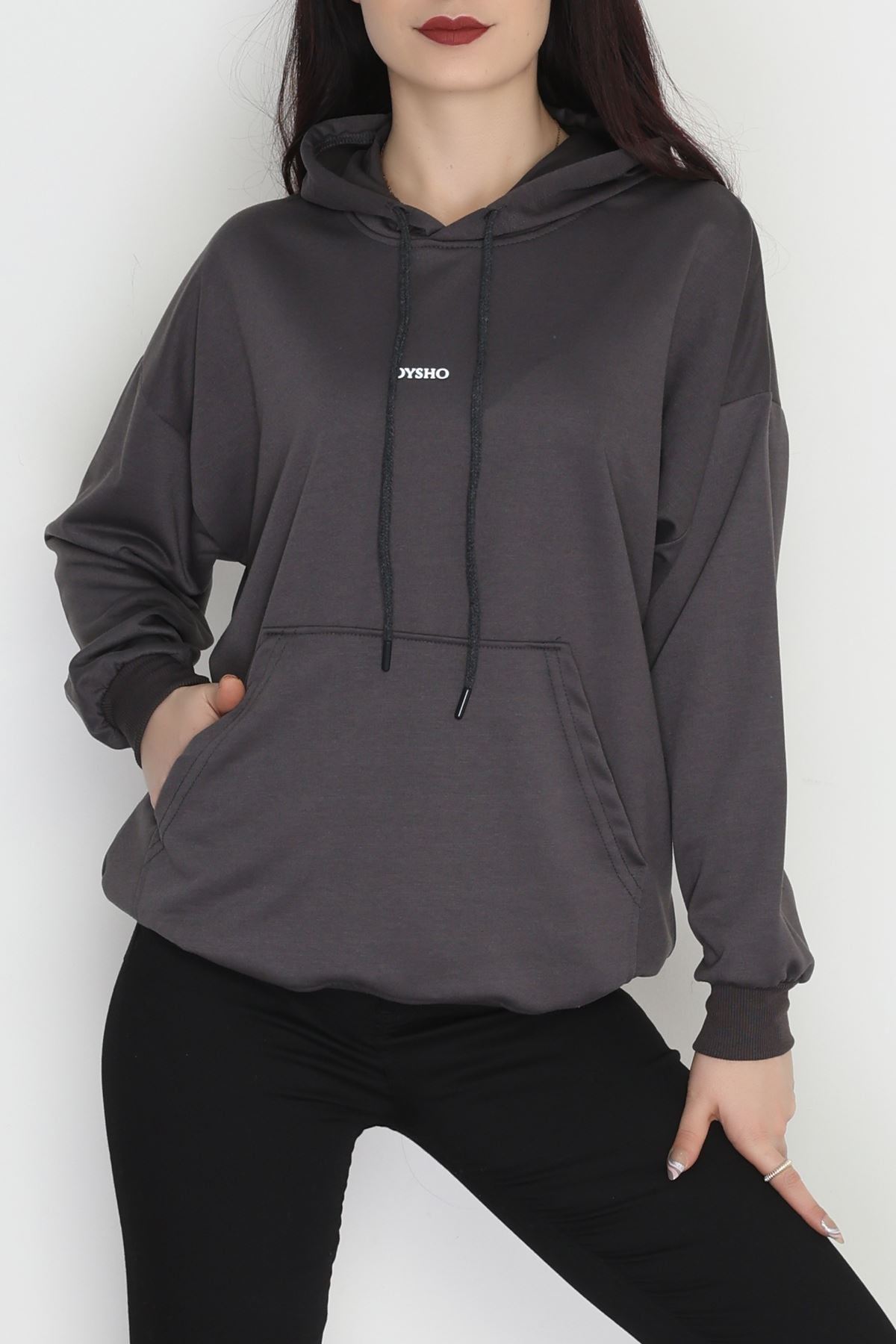 2 İplik Kapşonlu Baskılı Sweatshirt Antrasit - 31316.1878.