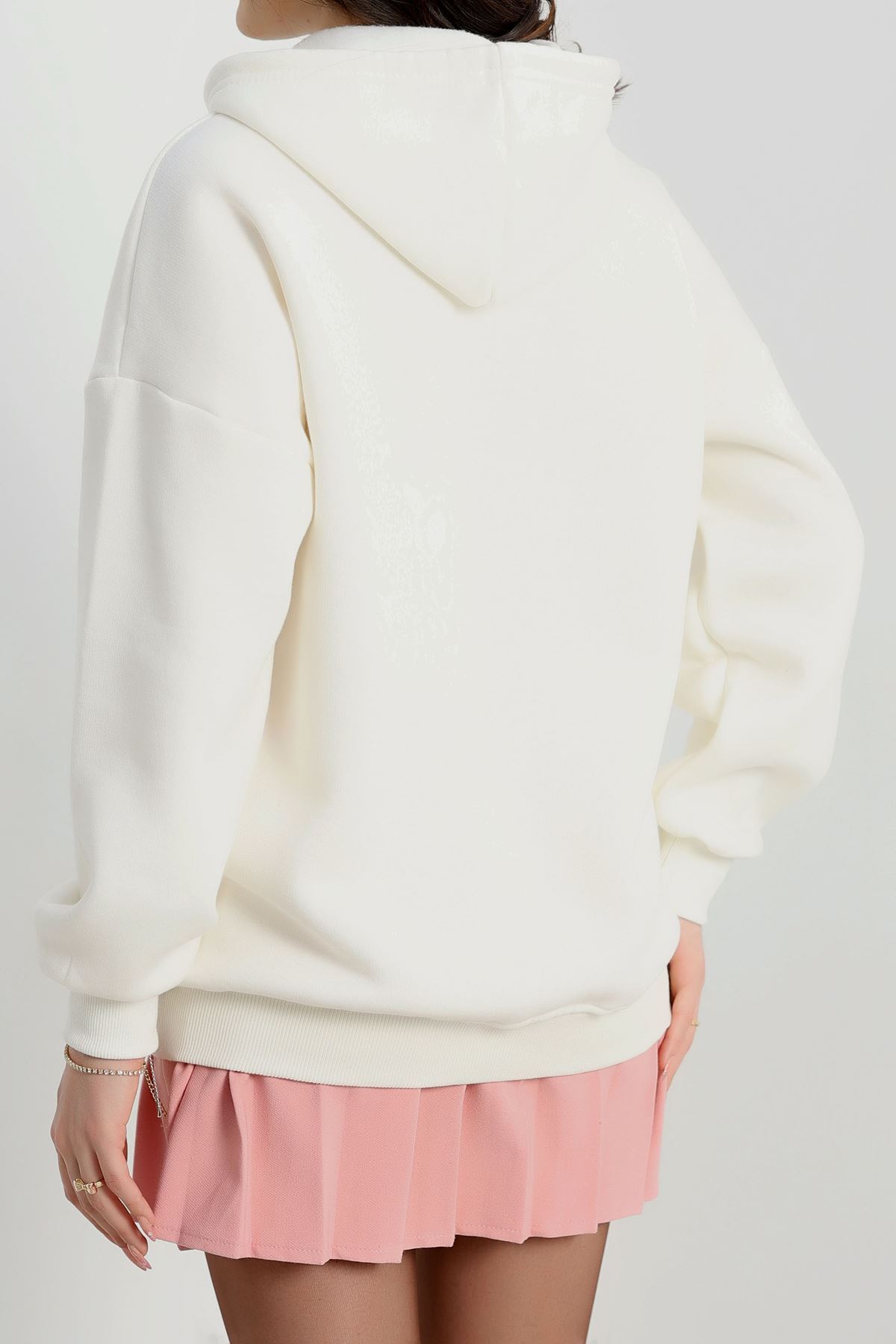 3 İplik Kapşonlu Baskılı Sweat Ekru - 42232.1878.