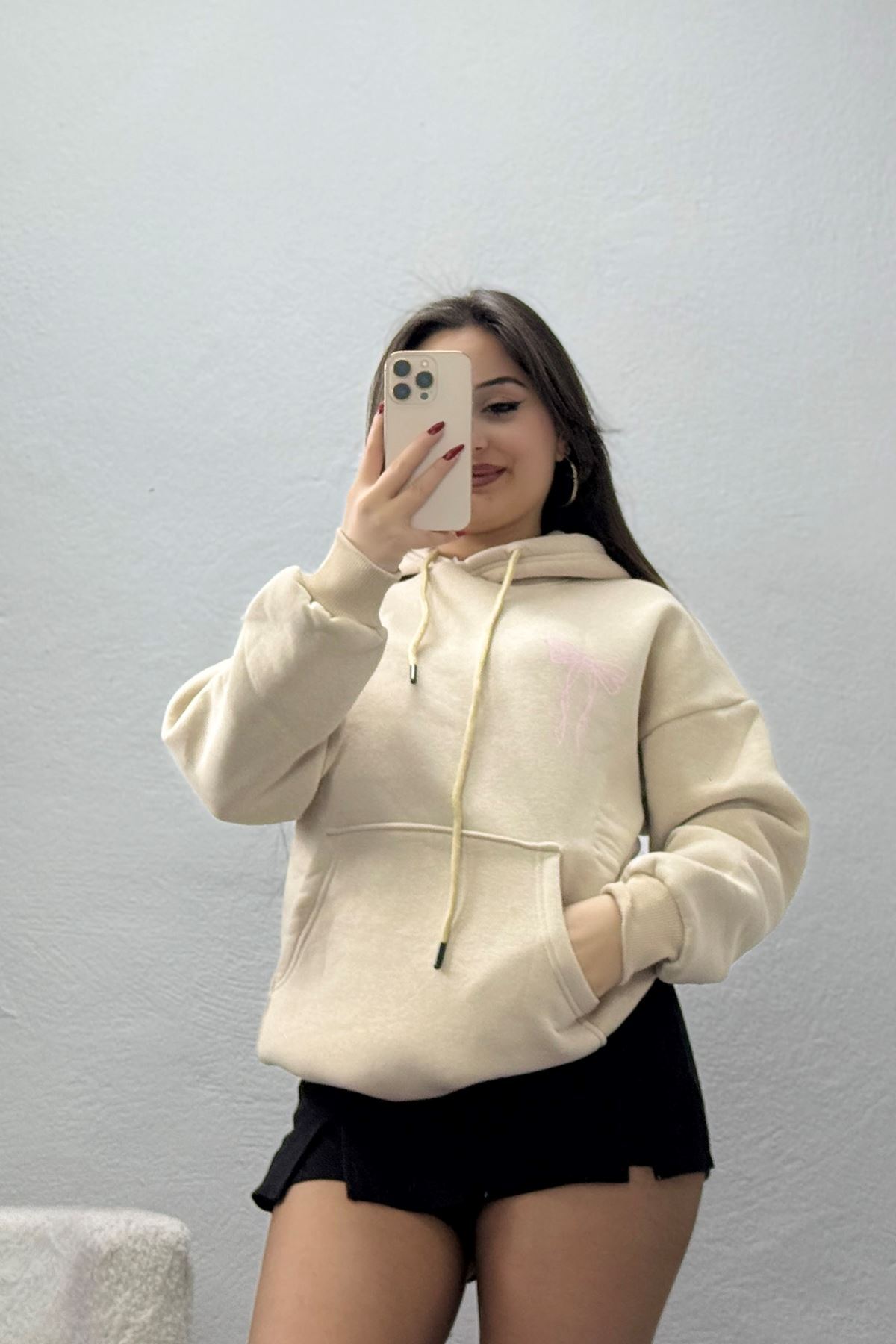 3 İplik Kanguru Cepli Kapşonlu Sweat Bejpembe - 42255.1878.