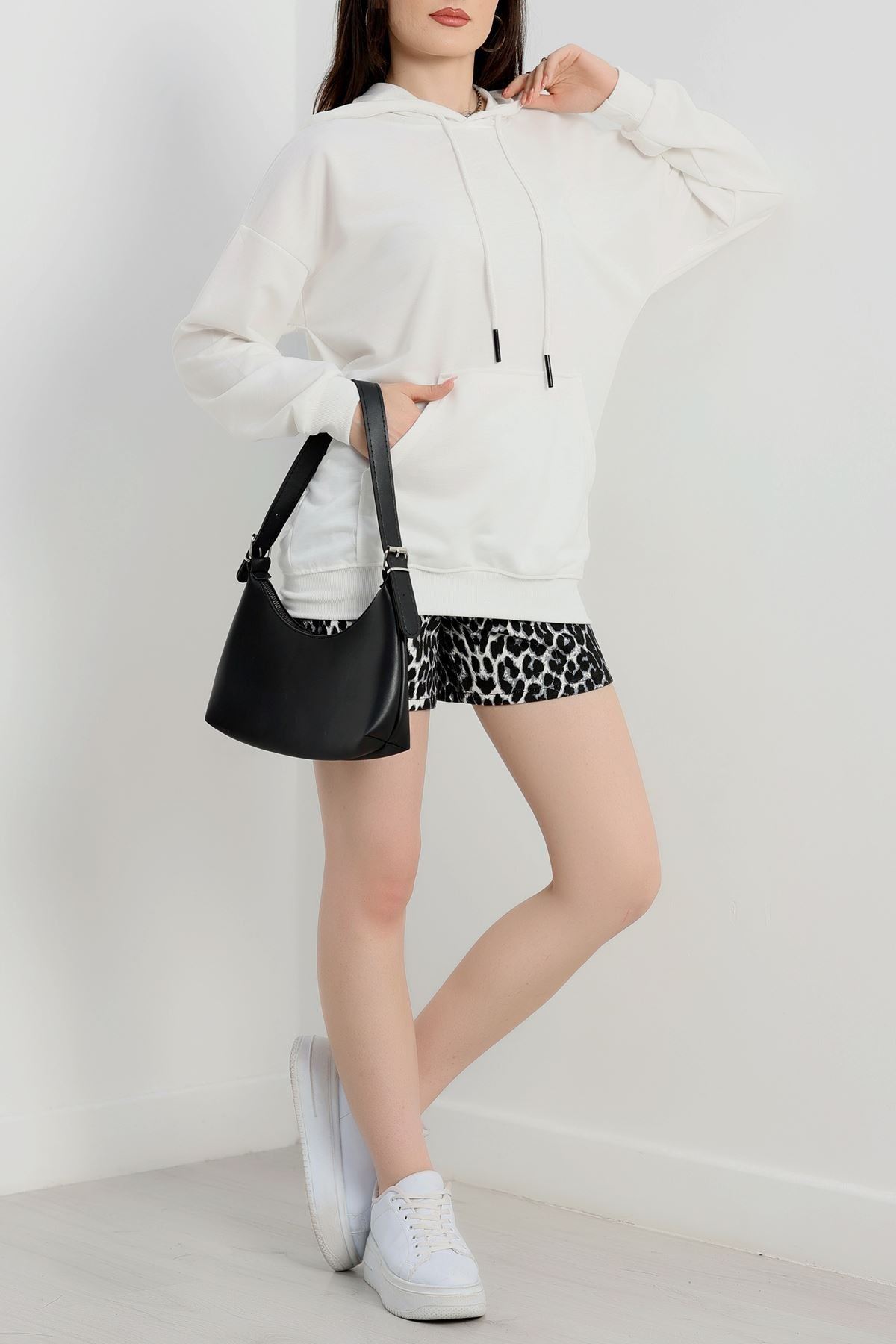 2 İplik Kapşonlu Kanguru Cepli Sweat Ekru - 30090.1878.