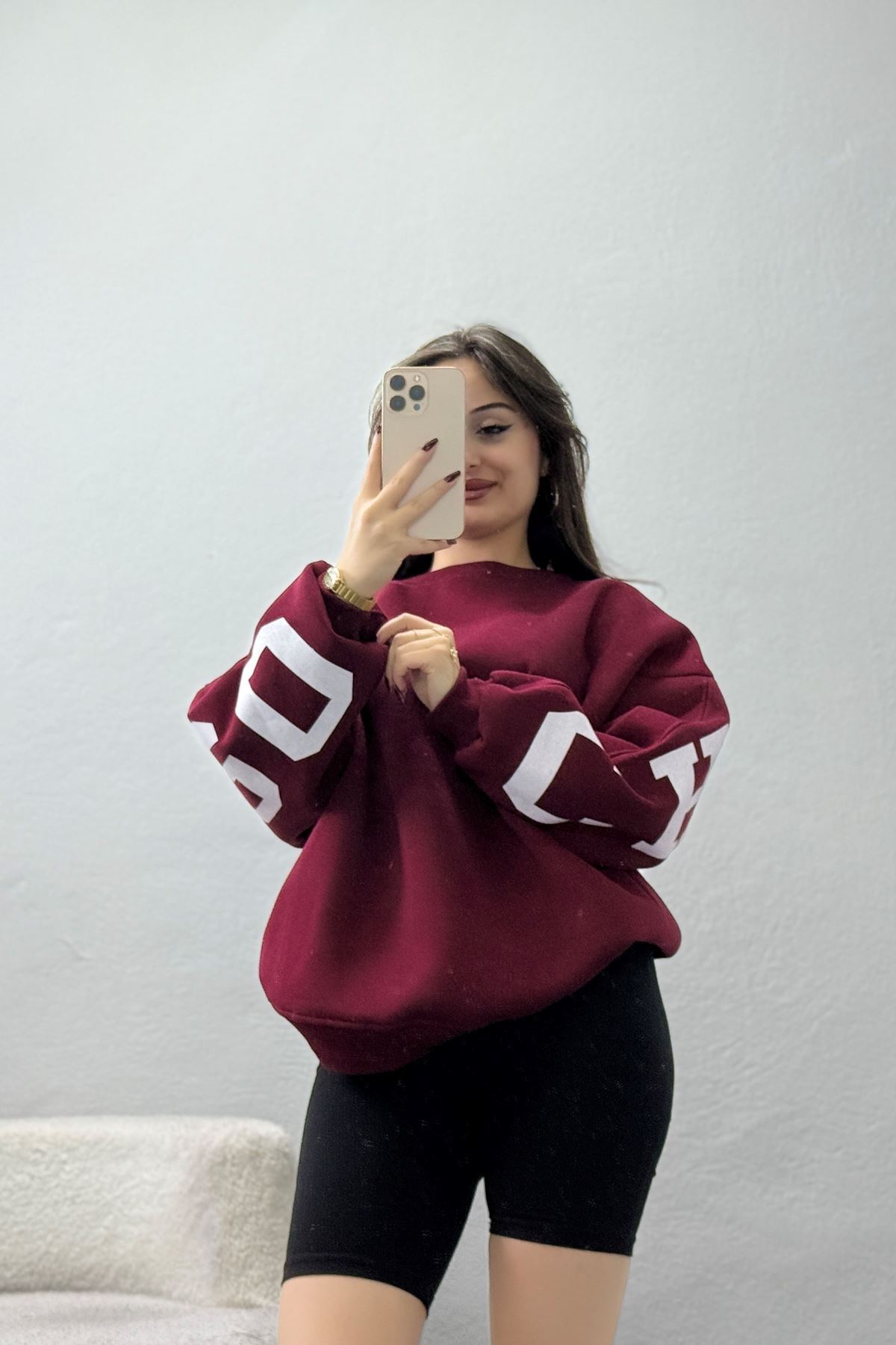 3 İplik Şardonlu Oversize Sweat Bordo - 50923.1878.