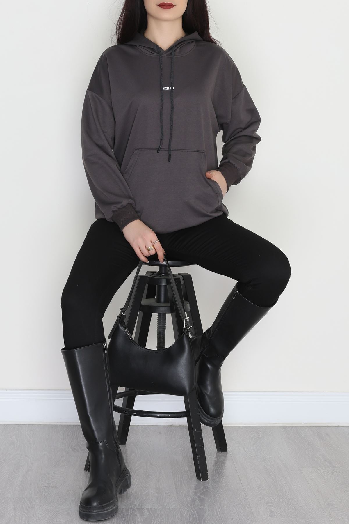 2 İplik Kapşonlu Baskılı Sweatshirt Antrasit - 31316.1878.