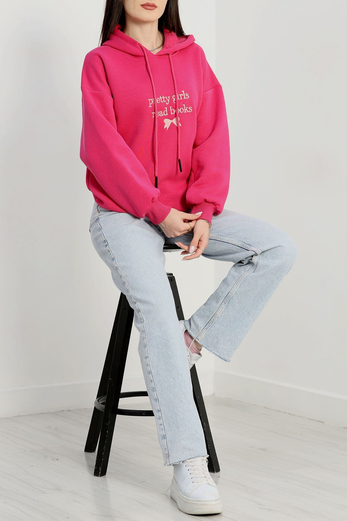 3 İplik Kapşonlu Nakışlı Sweat Fuşyapudra - 42228.1878.