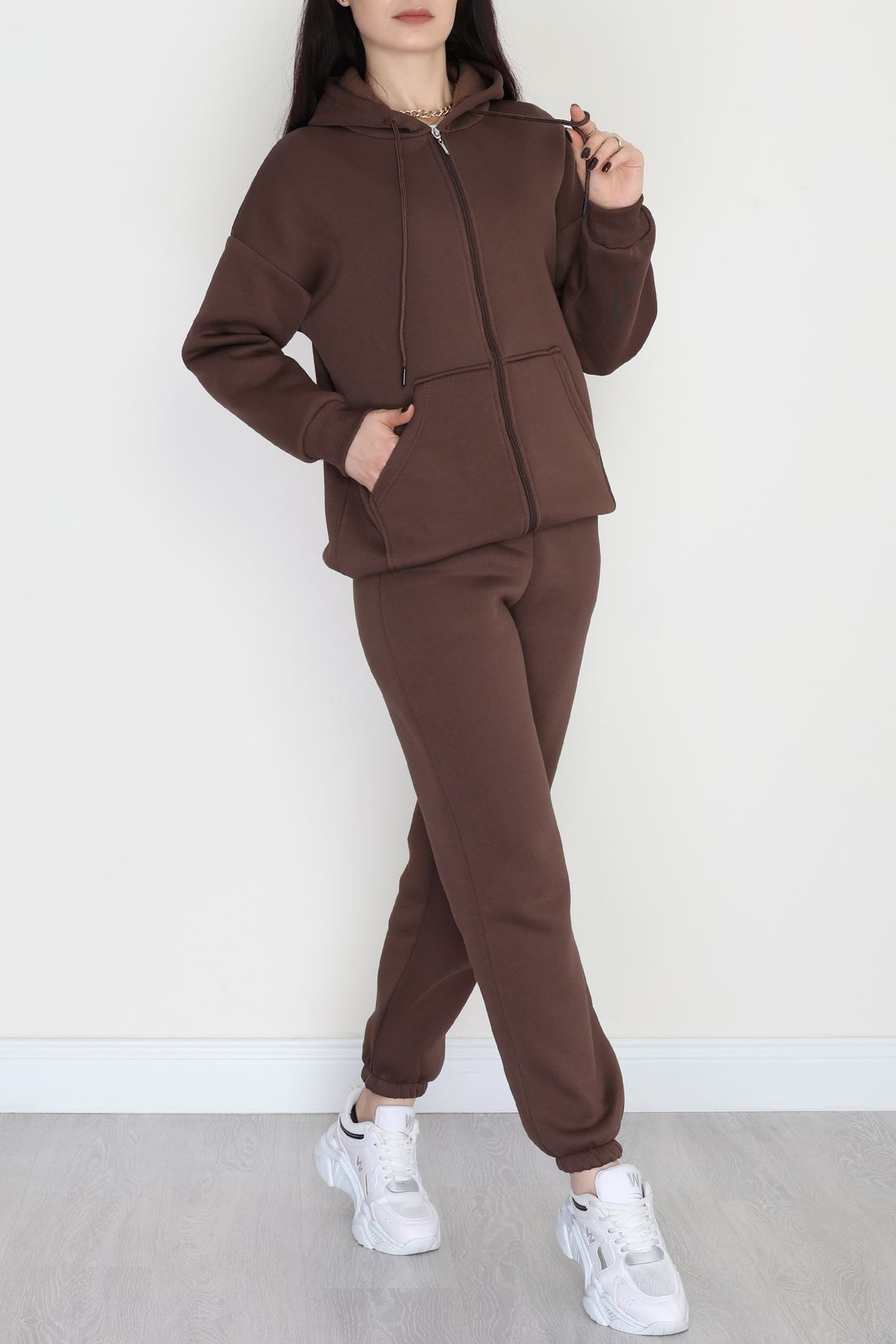 3 İplik Kapşonlu Eşofman Takımı Acıkahve - 20255.1878.