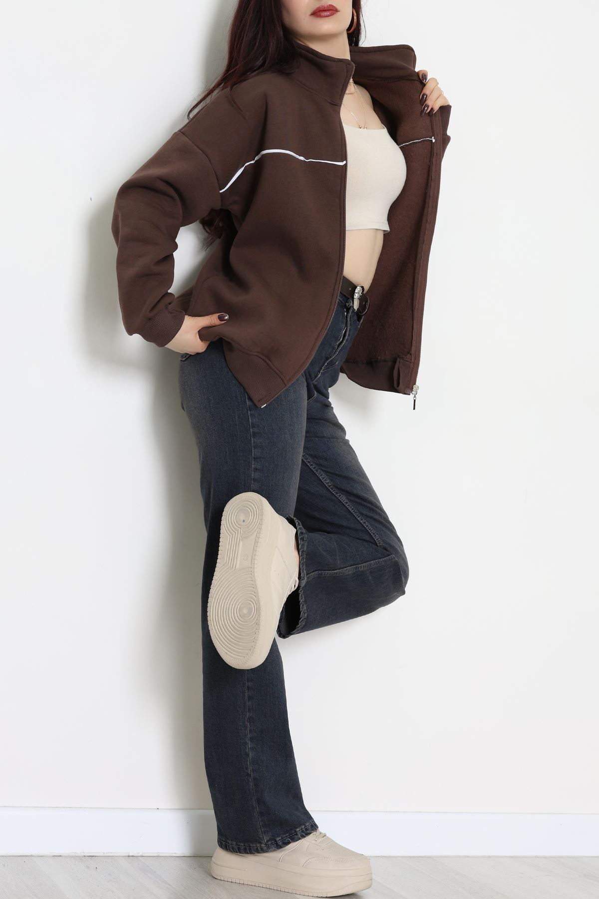 3 İplik Kompakt Oversize Biye Detaylı Sweat Kahve - 42505.1878.