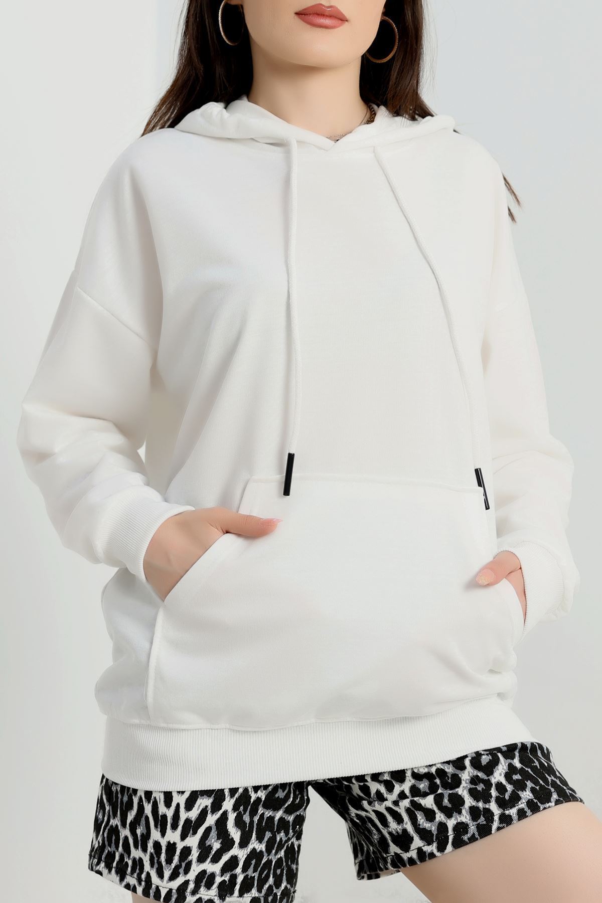 2 İplik Kapşonlu Kanguru Cepli Sweat Ekru - 30090.1878.