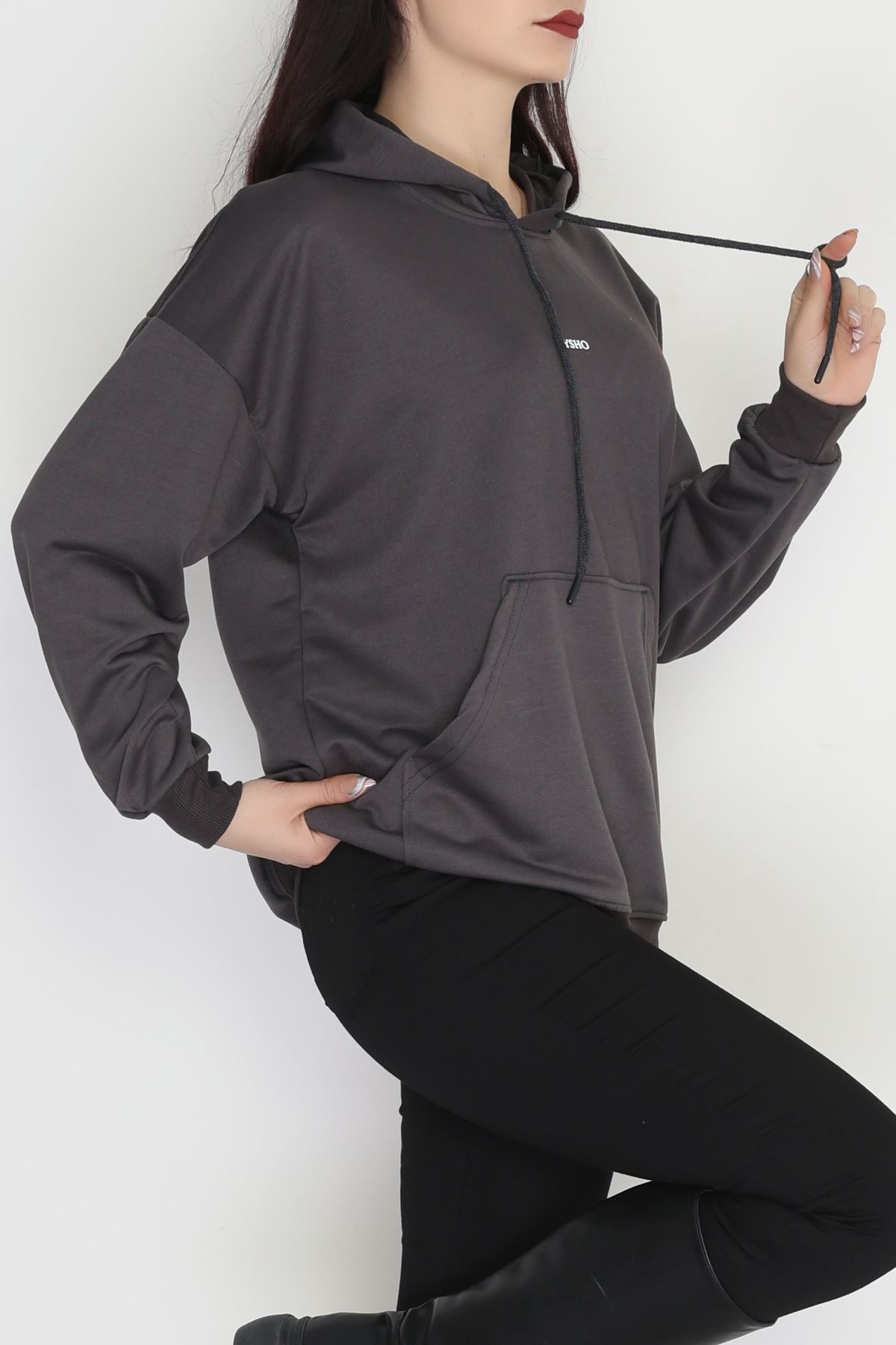 2 İplik Kapşonlu Baskılı Sweatshirt Antrasit - 31316.1878.