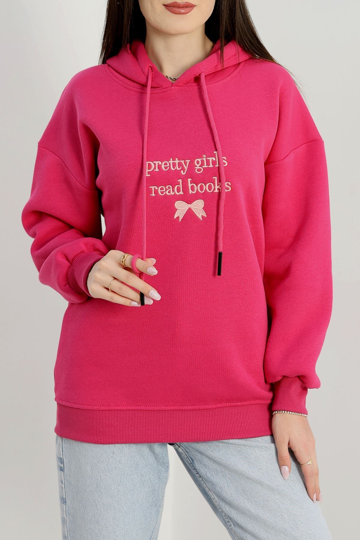 3 İplik Kapşonlu Nakışlı Sweat Fuşyapudra - 42228.1878.