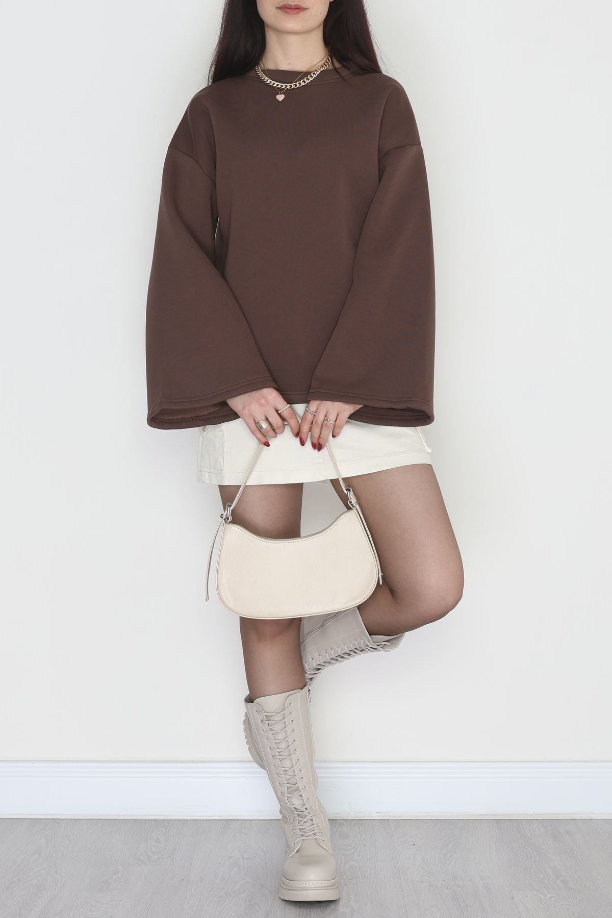 3 İplik Şardonlu İspanyol Kol Sweat Kahve - 42606.1878.