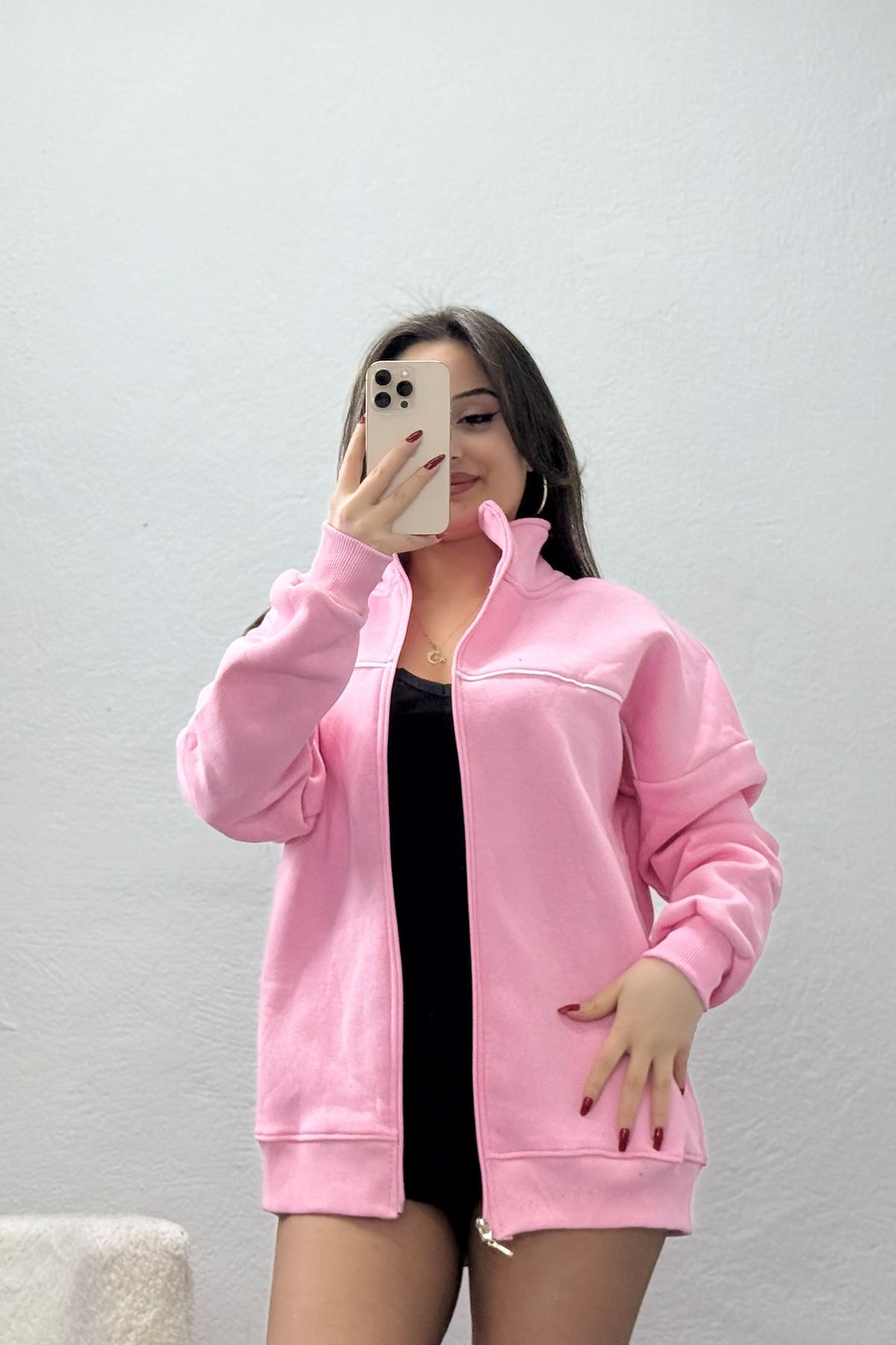 3 İplik Kompakt Oversize Biye Detaylı Sweat Pembe - 42505.1878.
