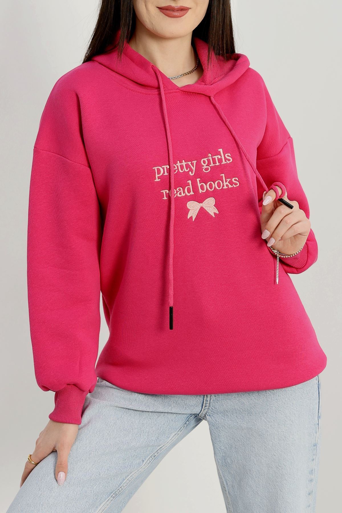 3 İplik Kapşonlu Nakışlı Sweat Fuşyapudra - 42228.1878.