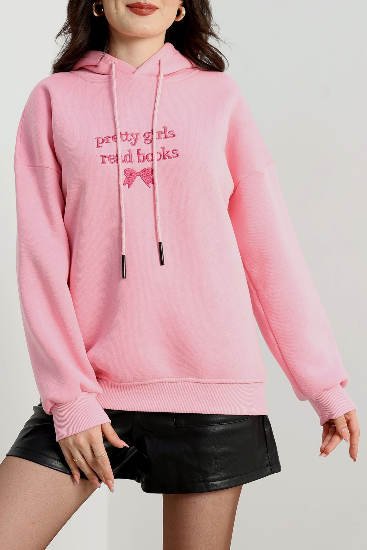 3 İplik Kapşonlu Nakışlı Sweat Pembe - 42228.1878.