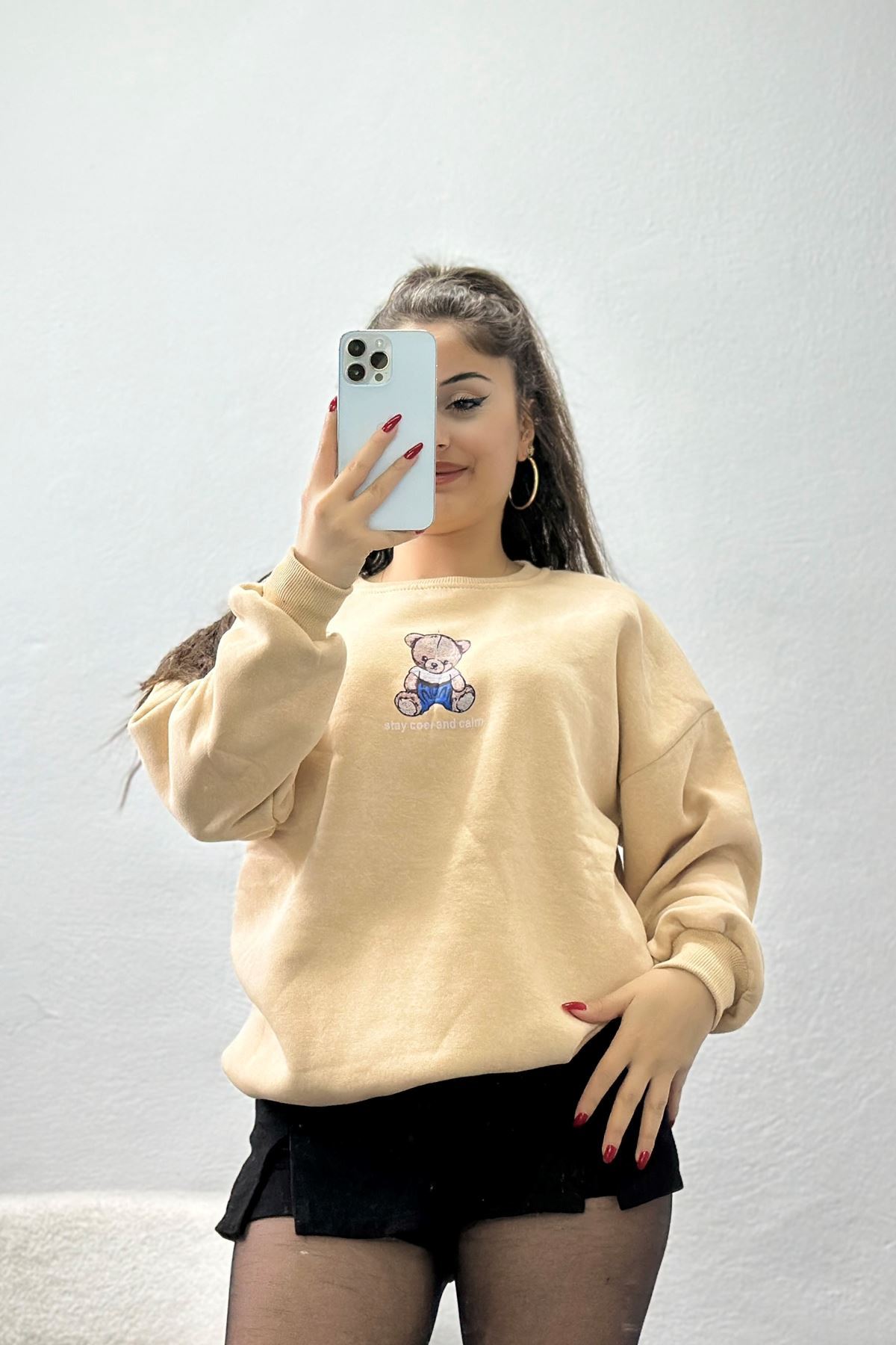 3 İplik Bisiklet Yaka Sweat Bej - 42237.1878.