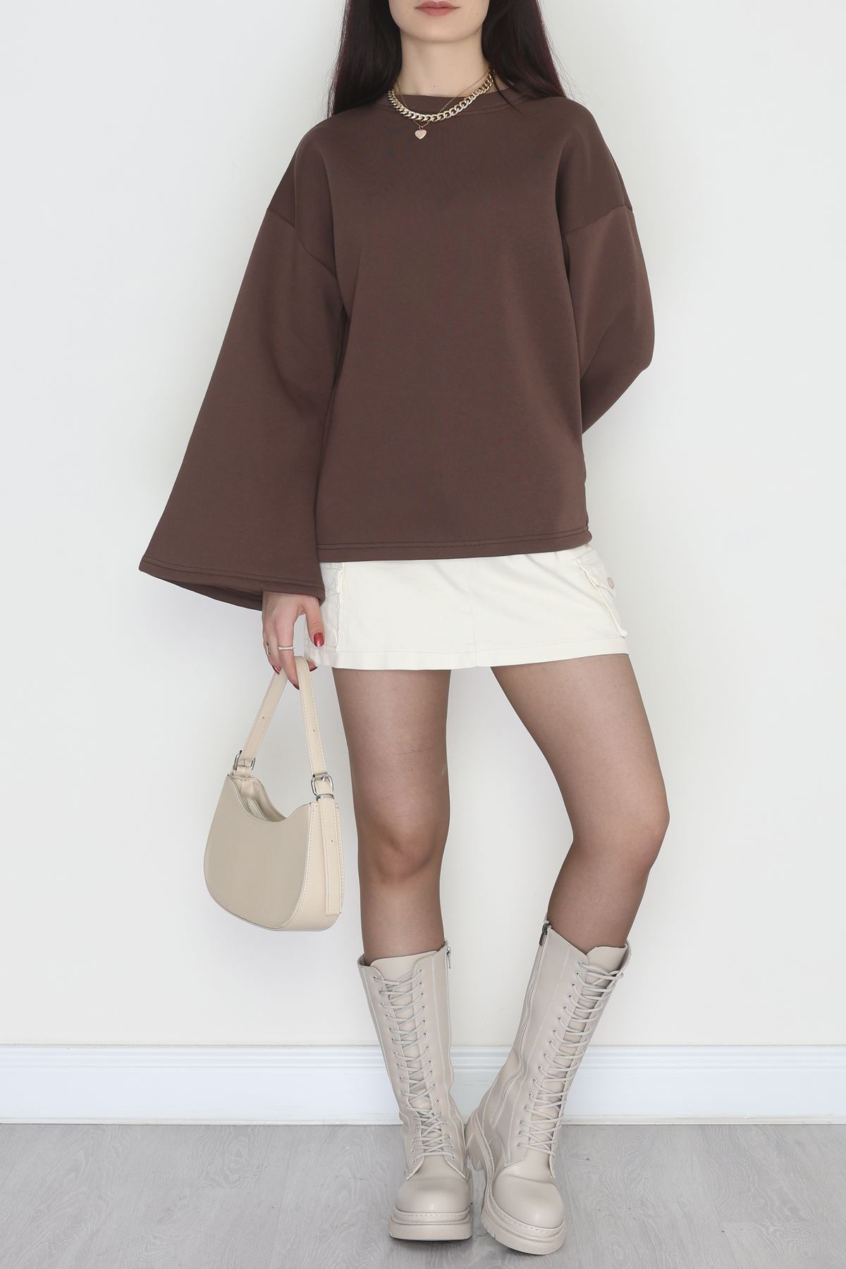 3 İplik Şardonlu İspanyol Kol Sweat Kahve - 42606.1878.