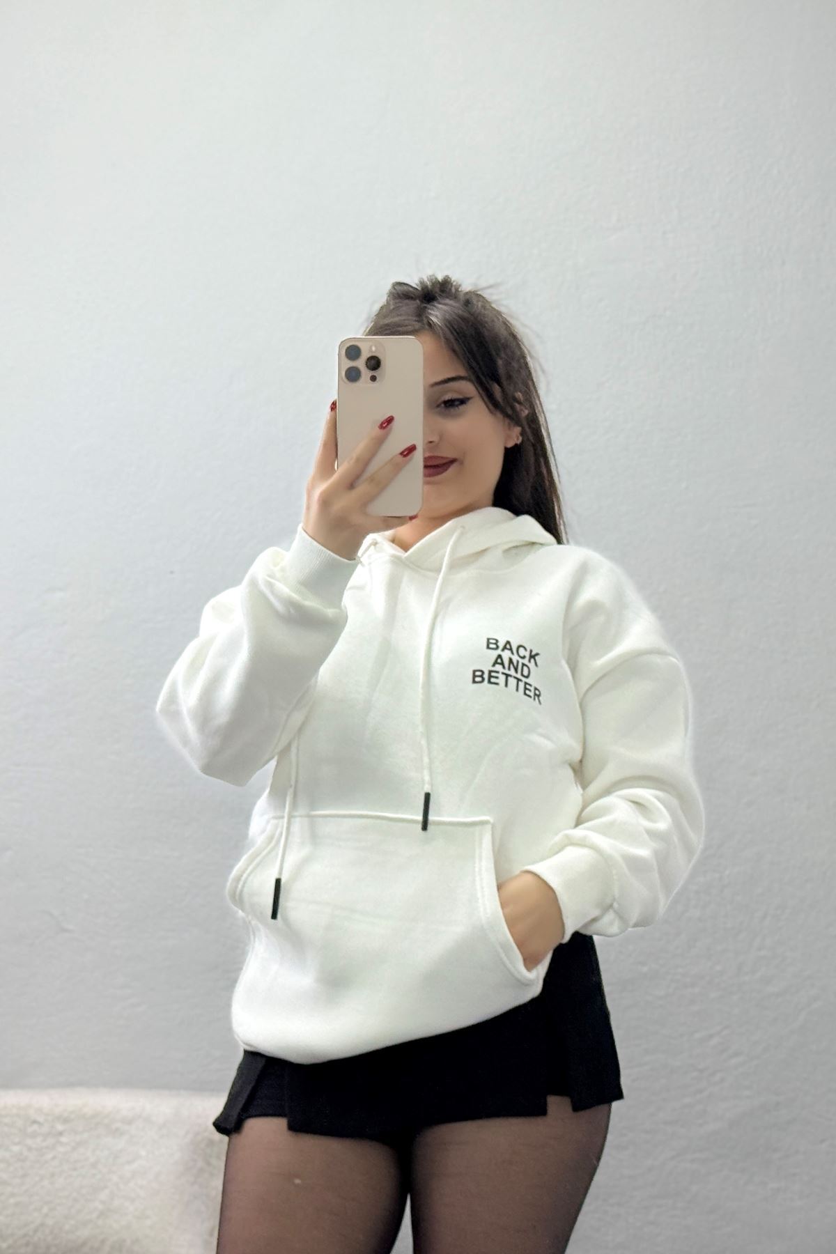 3 İplik Kanguru Cepli Kapşonlu Sweat Beyazsiyah - 42257.1878.