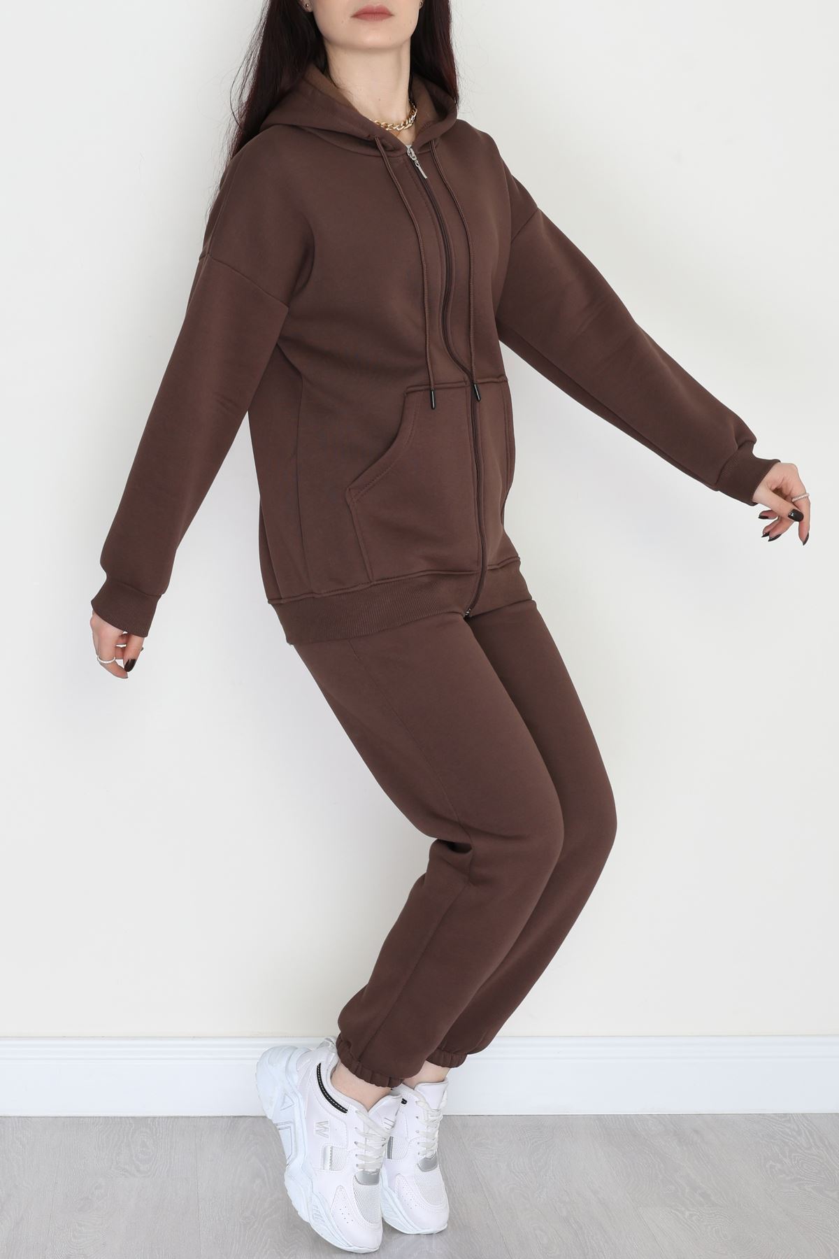 3 İplik Kapşonlu Eşofman Takımı Acıkahve - 20255.1878.